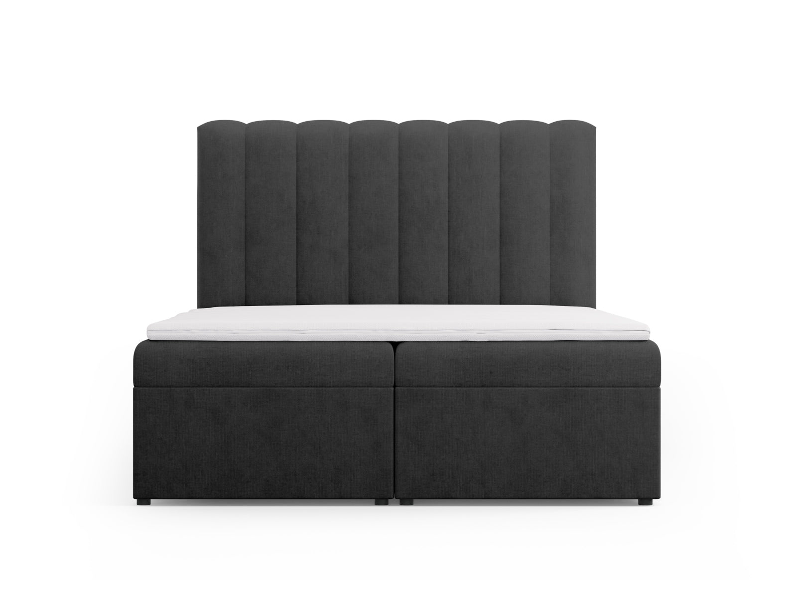 Elegantes Kelp Boxspringbett Set in Anthrazit, bestehend aus Kopfteil, Boxspring, Matratze und Topper, ideal für stilvolle Schlafzimmer.