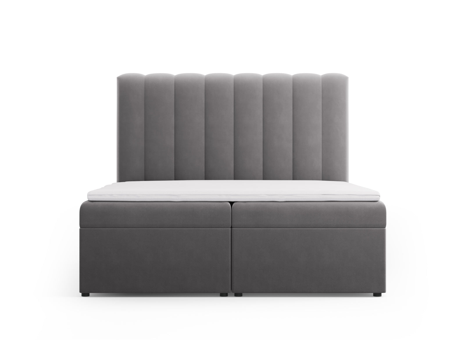 Elegantes Kelp Boxspringbett Set in Grau, bestehend aus Kopfteil, Boxspring, Matratze und Topper, ideal für stilvolle Schlafzimmer.