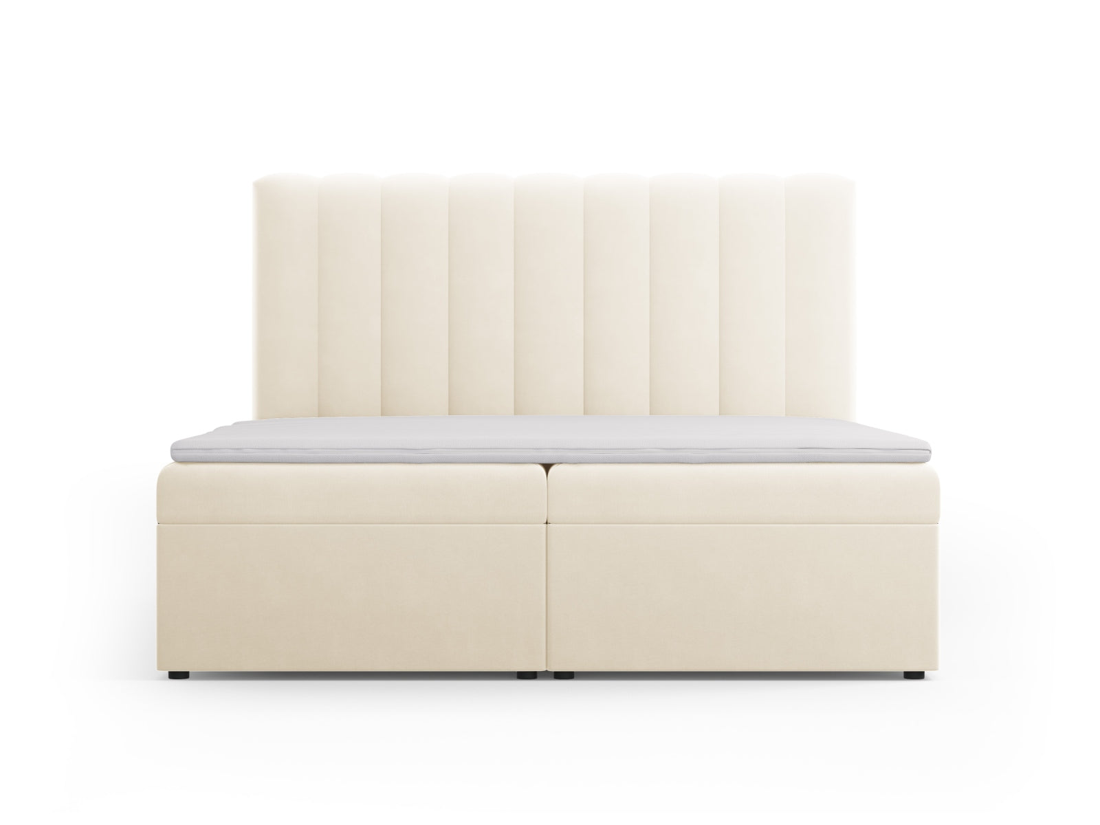 Luxuriöses Kelp Boxspringbett Set in zartem Beige, inklusive Kopfteil, Boxspring, Matratze und Topper für ein modernes Schlafambiente.