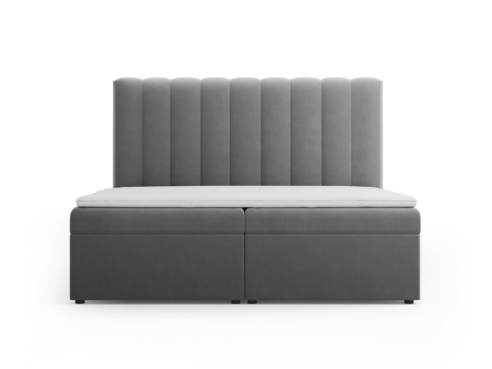 Modernes Kelp Boxspringbett Set in stilvollem Grau, inklusive Kopfteil, Boxspring, Matratze und Topper für höchsten Schlafkomfort.