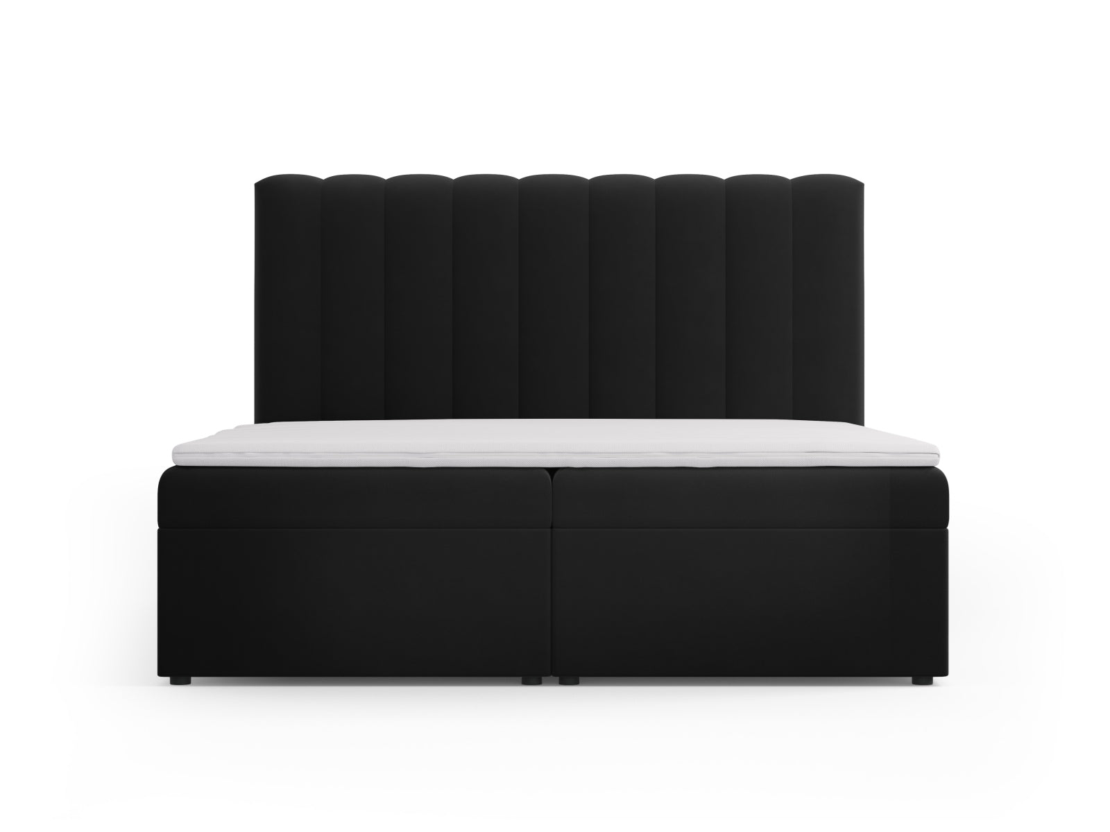 Modernes Kelp Boxspringbett Set in edlem Schwarz, inklusive Kopfteil, Boxspring, Matratze und Topper für ein komfortables Schlafambiente.