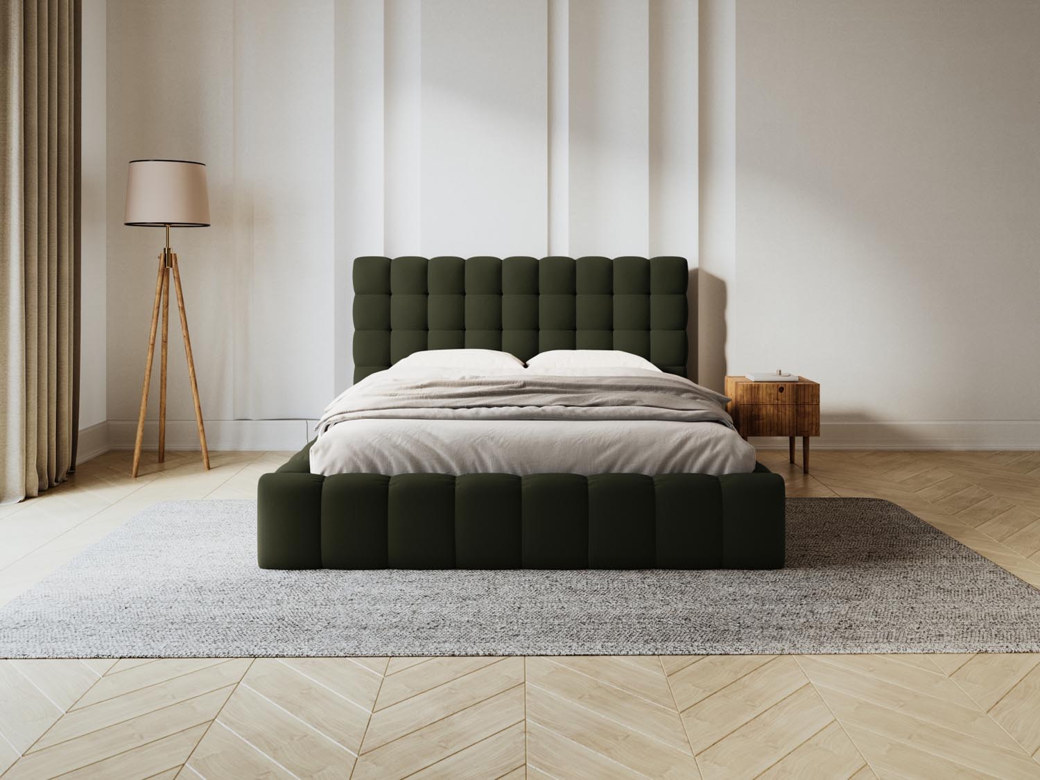 Elegantes Mamaia Bett mit praktischem Stauraum und stilvollem Headboard in 140cm Breite, ideal für moderne Schlafzimmer.