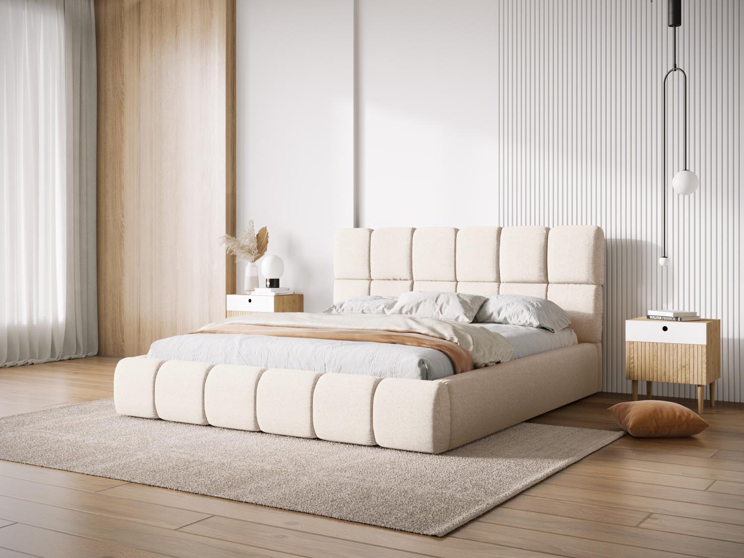 Elegantes Bellis Bett mit praktischem Stauraum und stilvollem Headboard in Light Beige, ideal für jedes Schlafzimmer.