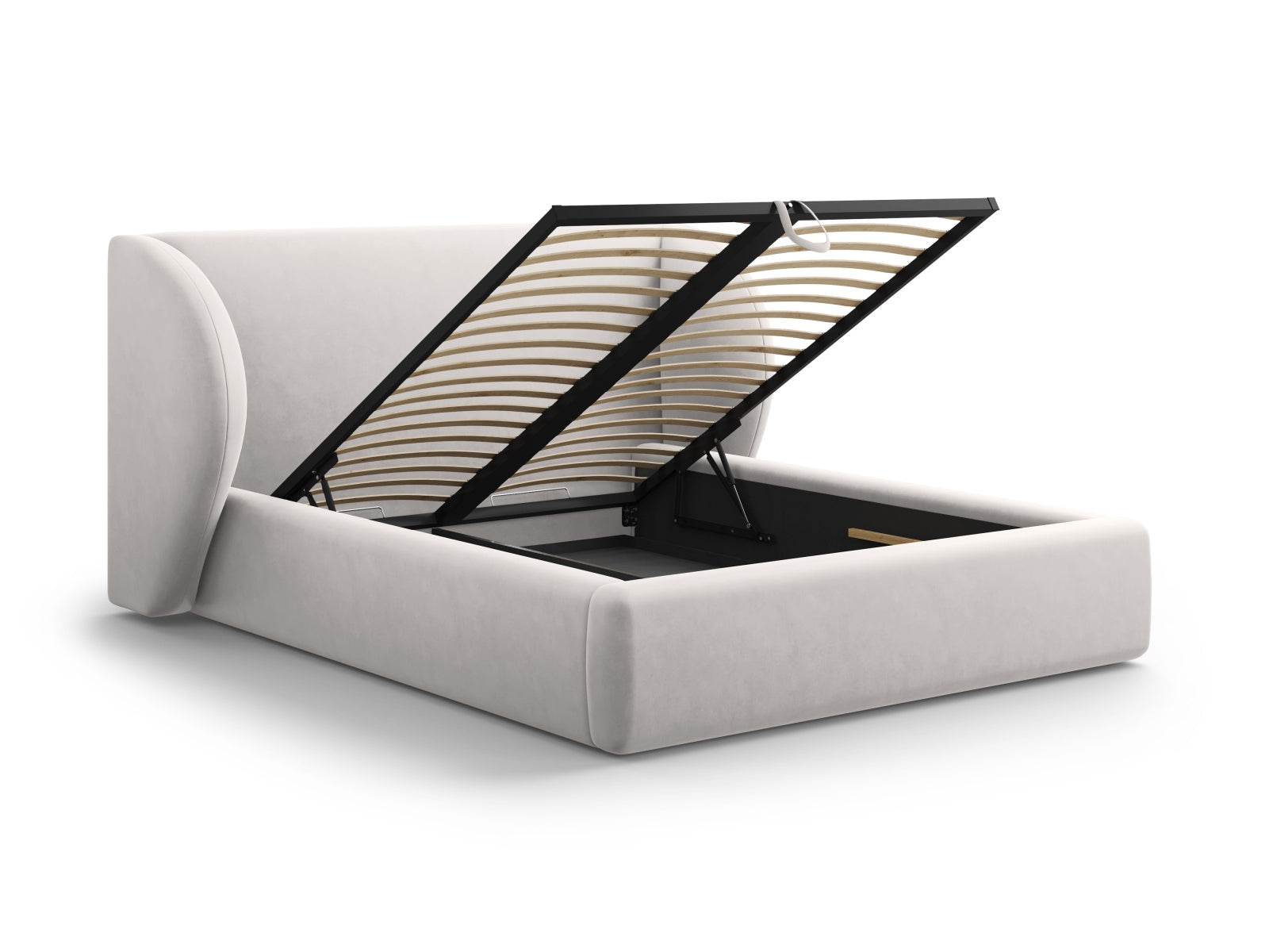 Elegantes Miley Velour Bett in Silver-Bluvel, 160 cm, mit integriertem Stauraum und modernem Kopfteil für stilvolle Schlafzimmergestaltung.