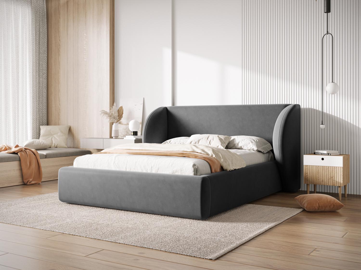 Elegantes Miley Velour Bett in Grau-Blau mit praktischem Stauraum und stilvollem Headboard, ideal für moderne Schlafzimmer.