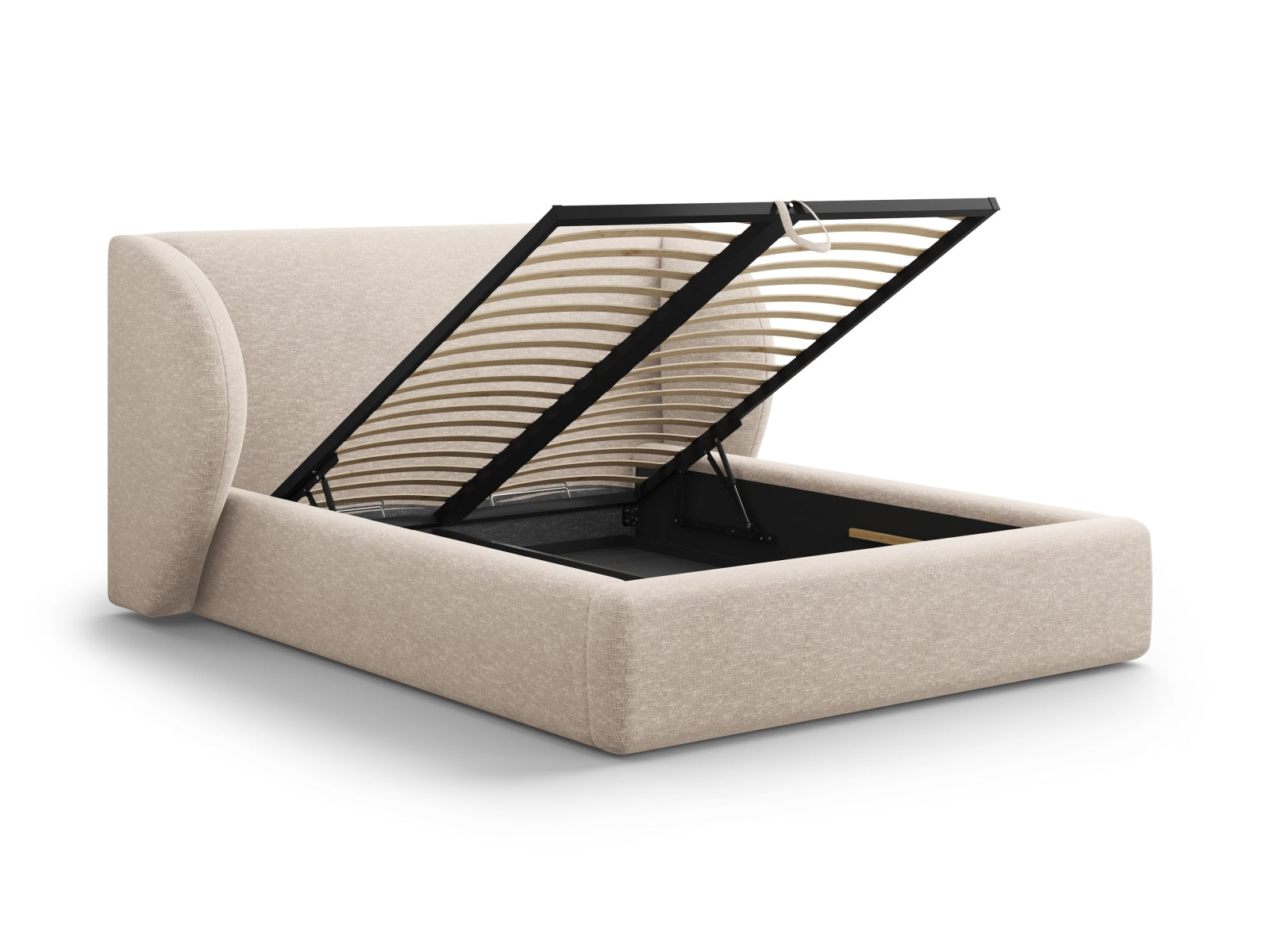 Elegantes Miley Bett mit praktischem Stauraum und stilvollem Kopfteil in Beige, ideal für moderne Schlafzimmergestaltung.