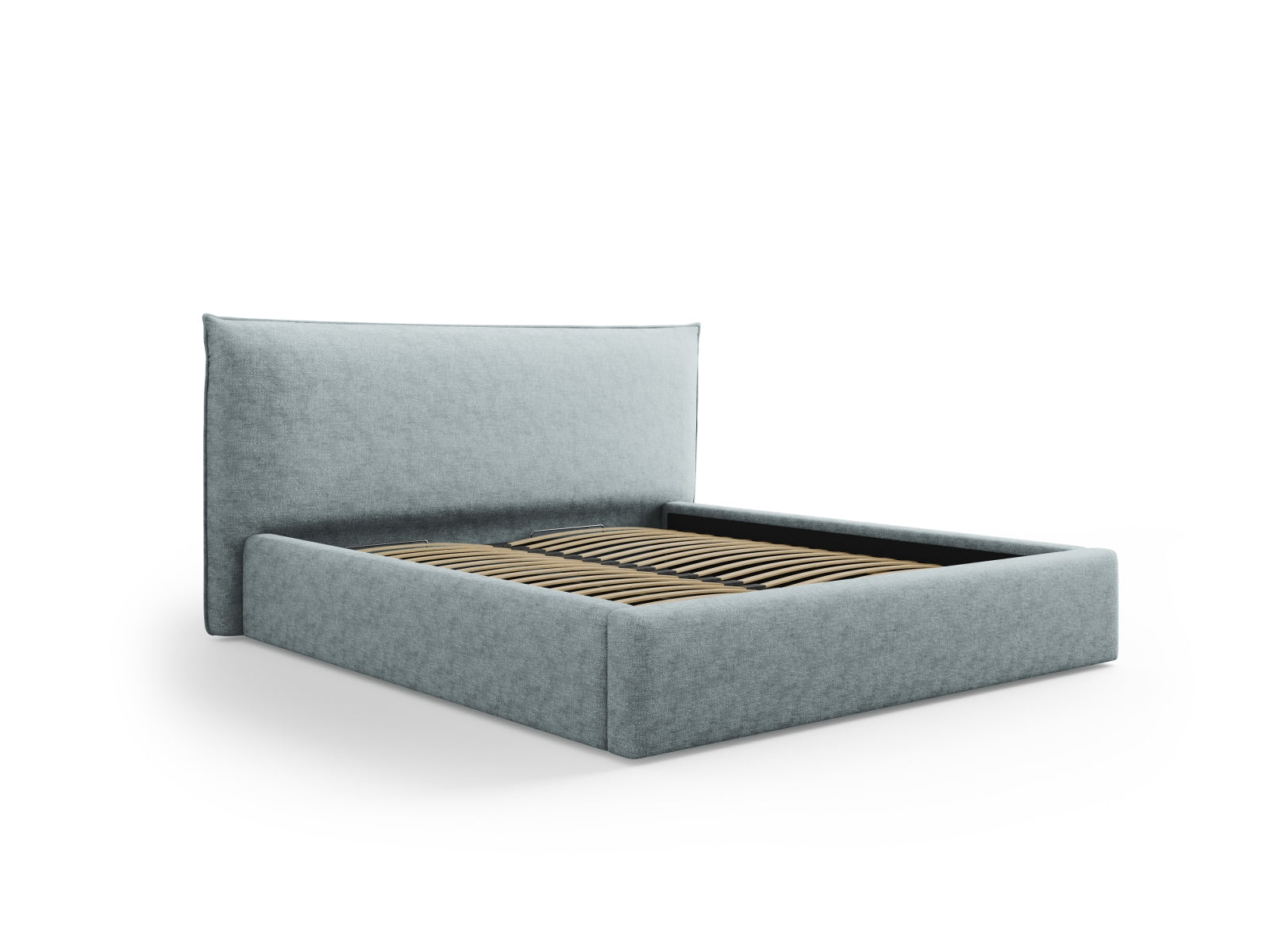Stylisches Kaelle Bett in Hellblau mit praktischem Stauraum und elegantem Headboard, ideal für moderne Schlafzimmer.