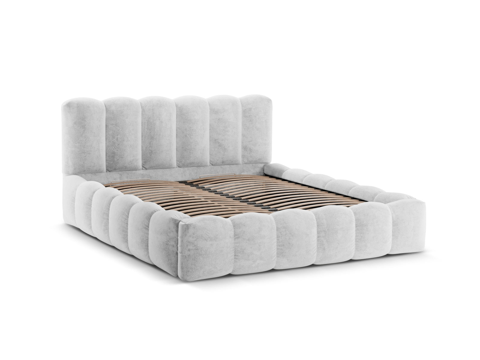 Elegantes Lupine Bett in Silber mit praktischem Stauraum und stilvollem Kopfteil, ideal für moderne Schlafzimmergestaltung.