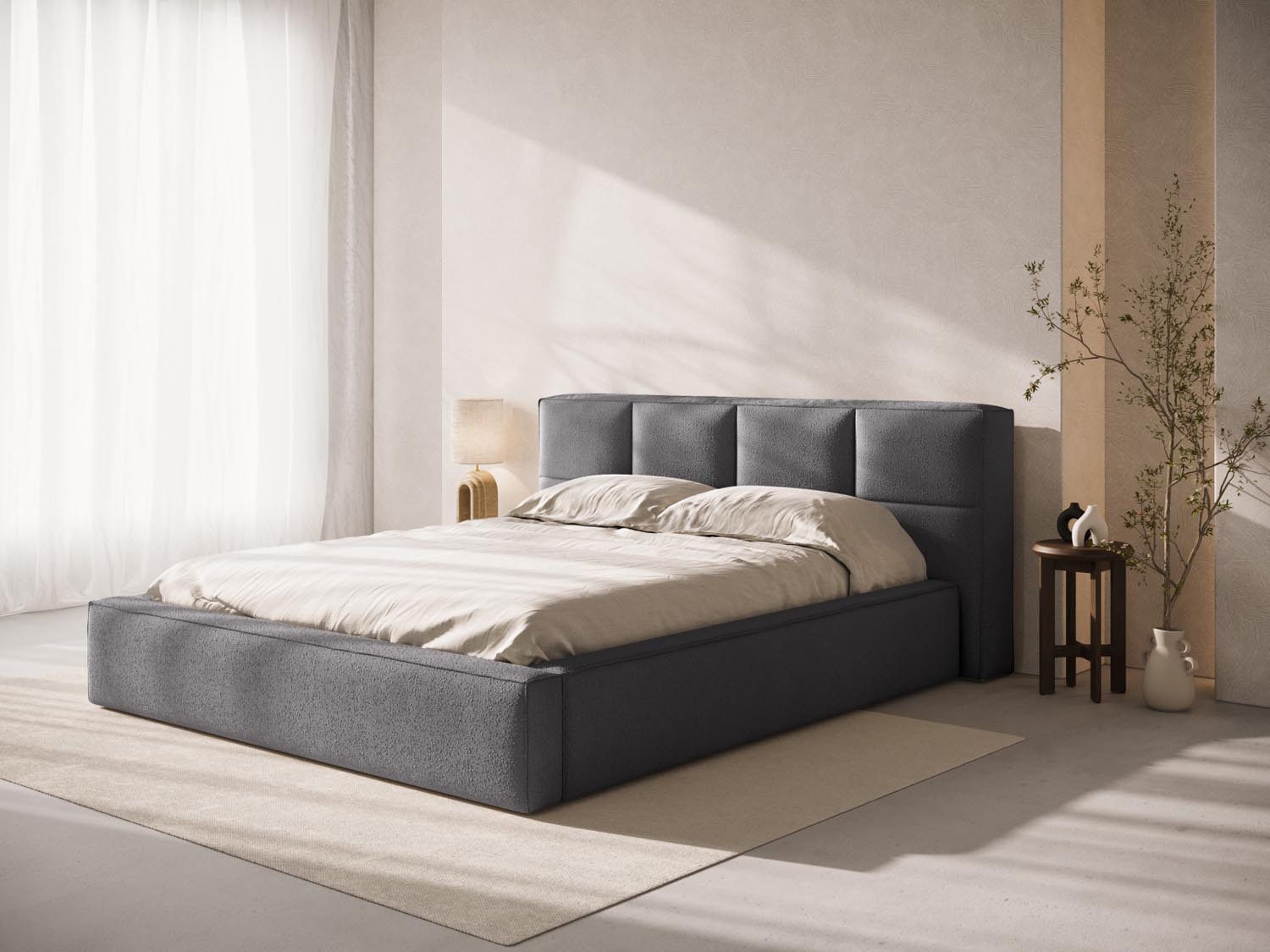 Elegantes Darren Boucle Kopfteil in Graphit, ideal für zeitgemäße Schlafzimmergestaltung und sorgt für eine gemütliche, stilvolle Note.