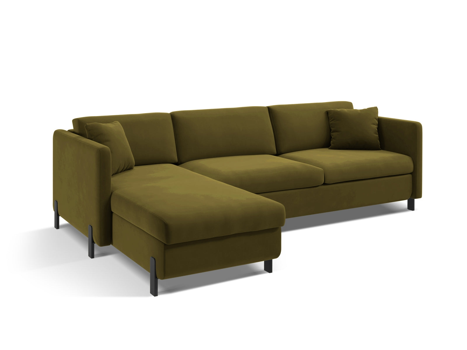 Modernes 5-Sitzer Ecksofa Gloria Velour in Grün, linksseitig, mit praktischer Schlaffunktion und integriertem Stauraum für zusätzlichen Komfort.