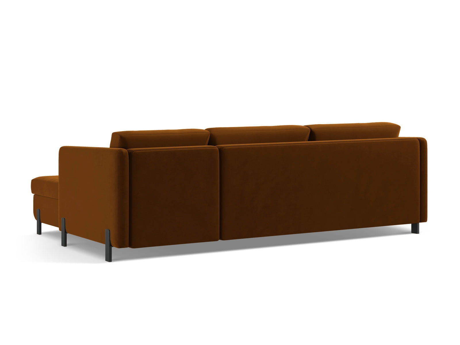 Elegantes linksseitiges Ecksofa in Velours, 5-Sitzer mit Schlafoption und Stauraum, ideal für stilvolle Wohnräume und Übernachtungsgäste.
