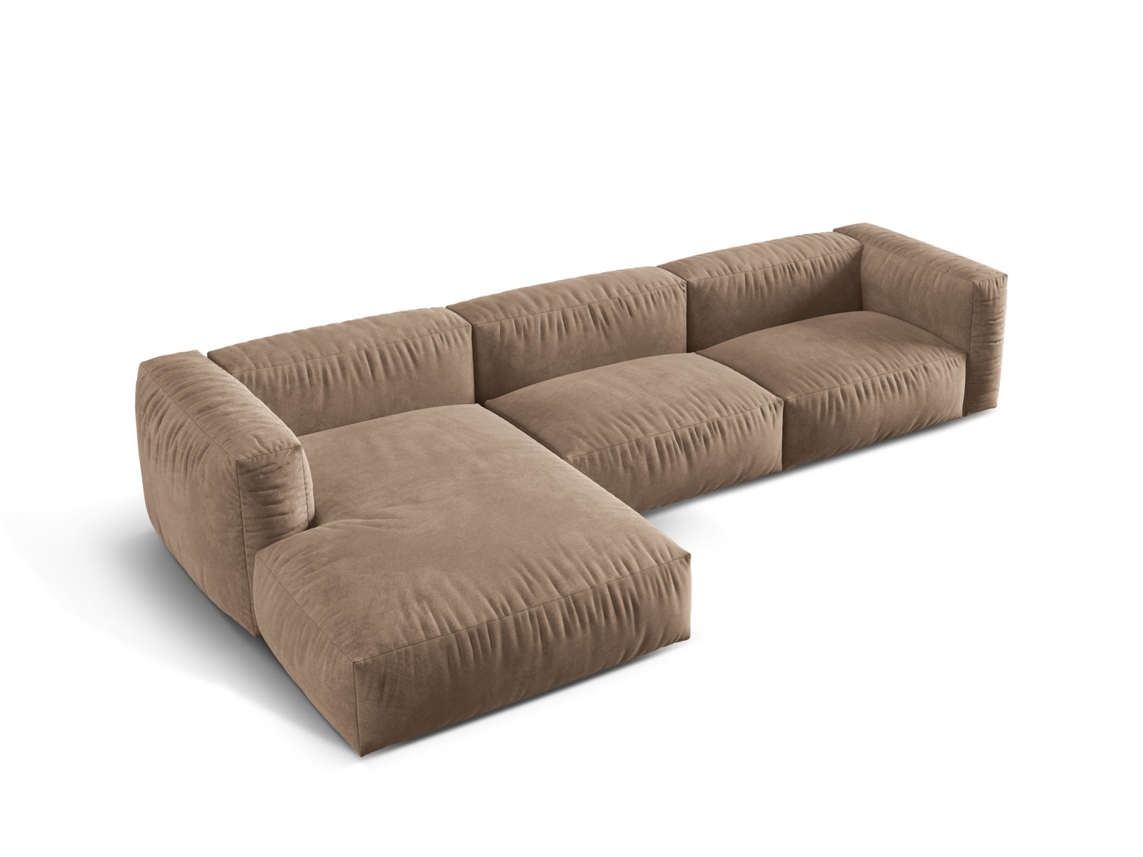 Modernes, modulares Ecksofa Martina in Dunkelbeige, linksseitig, perfekt für gemütliche und stilvolle Wohnbereiche.