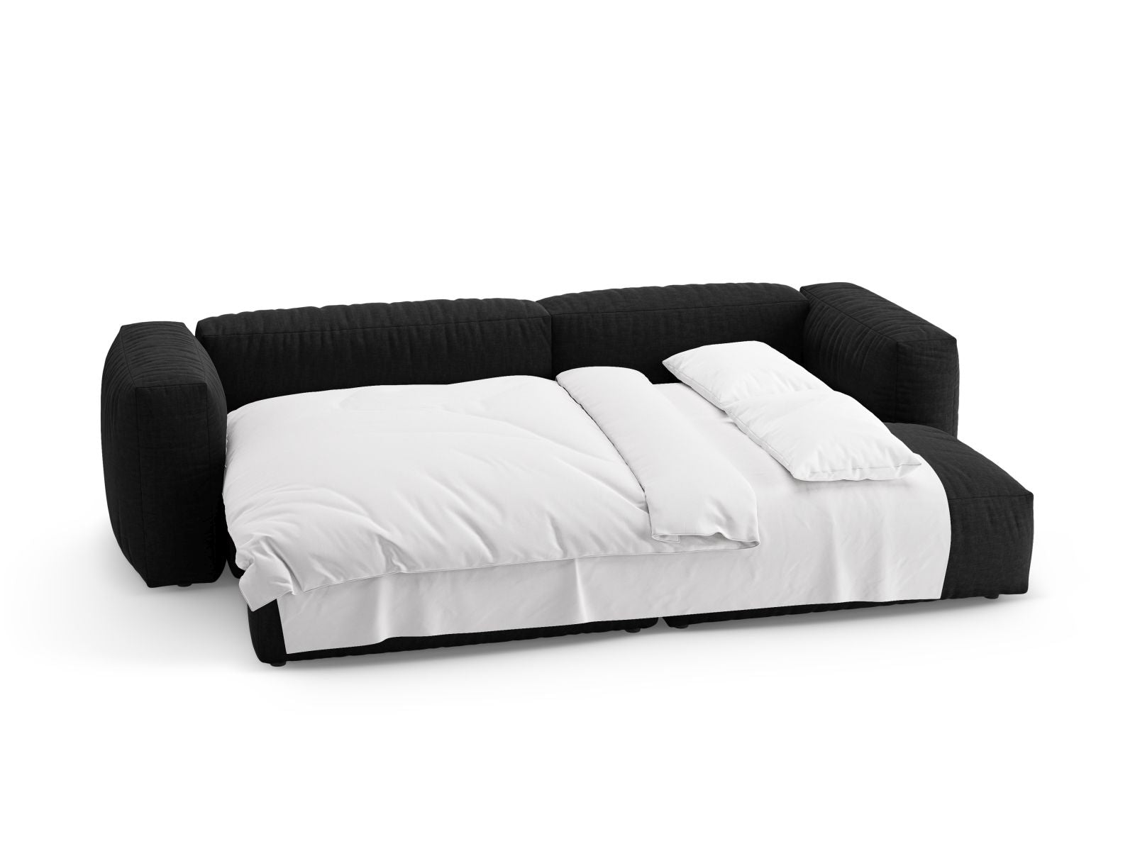 Modernes 4-Sitzer Ecksofa Martina in Schwarz, perfekt für gemütliche Abende, bietet praktische Schlaffunktion für Gäste und zusätzlichen Komfort.