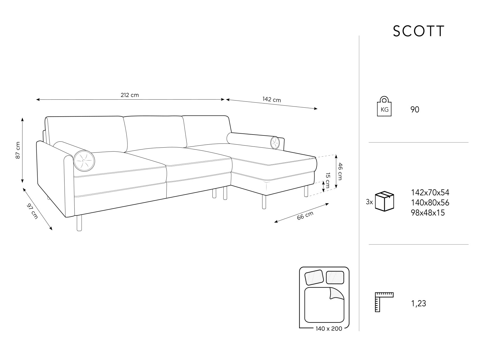 Modernes, hellblaues Ecksofa von Scott, 5-Sitzer mit Schlaffunktion und Stauraum, ideal für gemütliche und funktionale Wohnbereiche.
