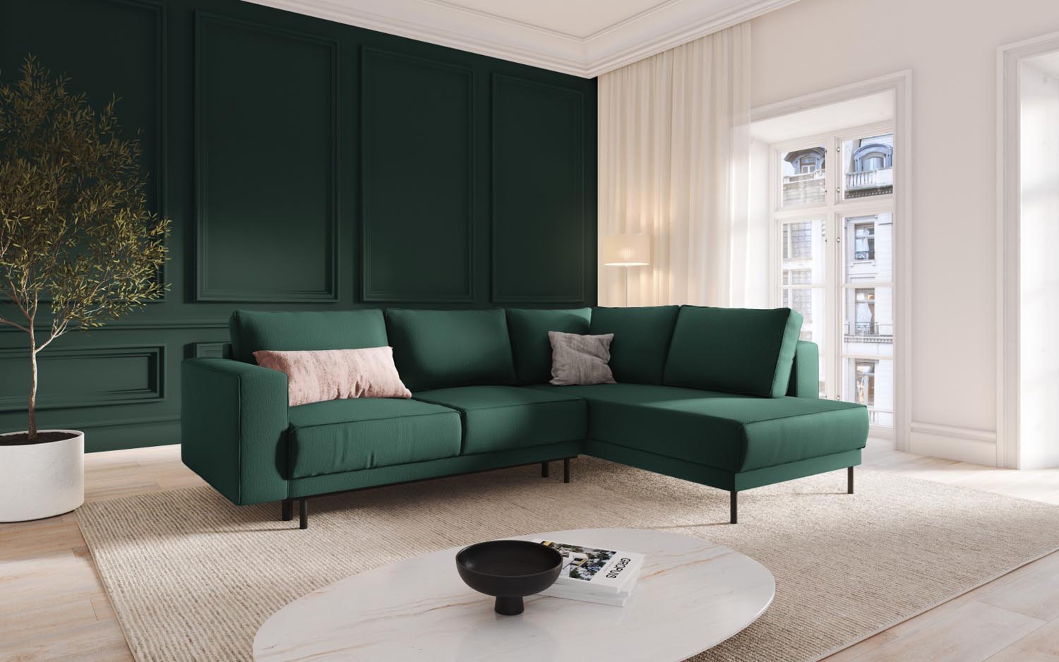Modernes Caro Ecksofa in Grün mit Schlaffunktion, ideal für stilvolle Wohnräume. Komfortables 5-Sitzer Design von Micadoni.