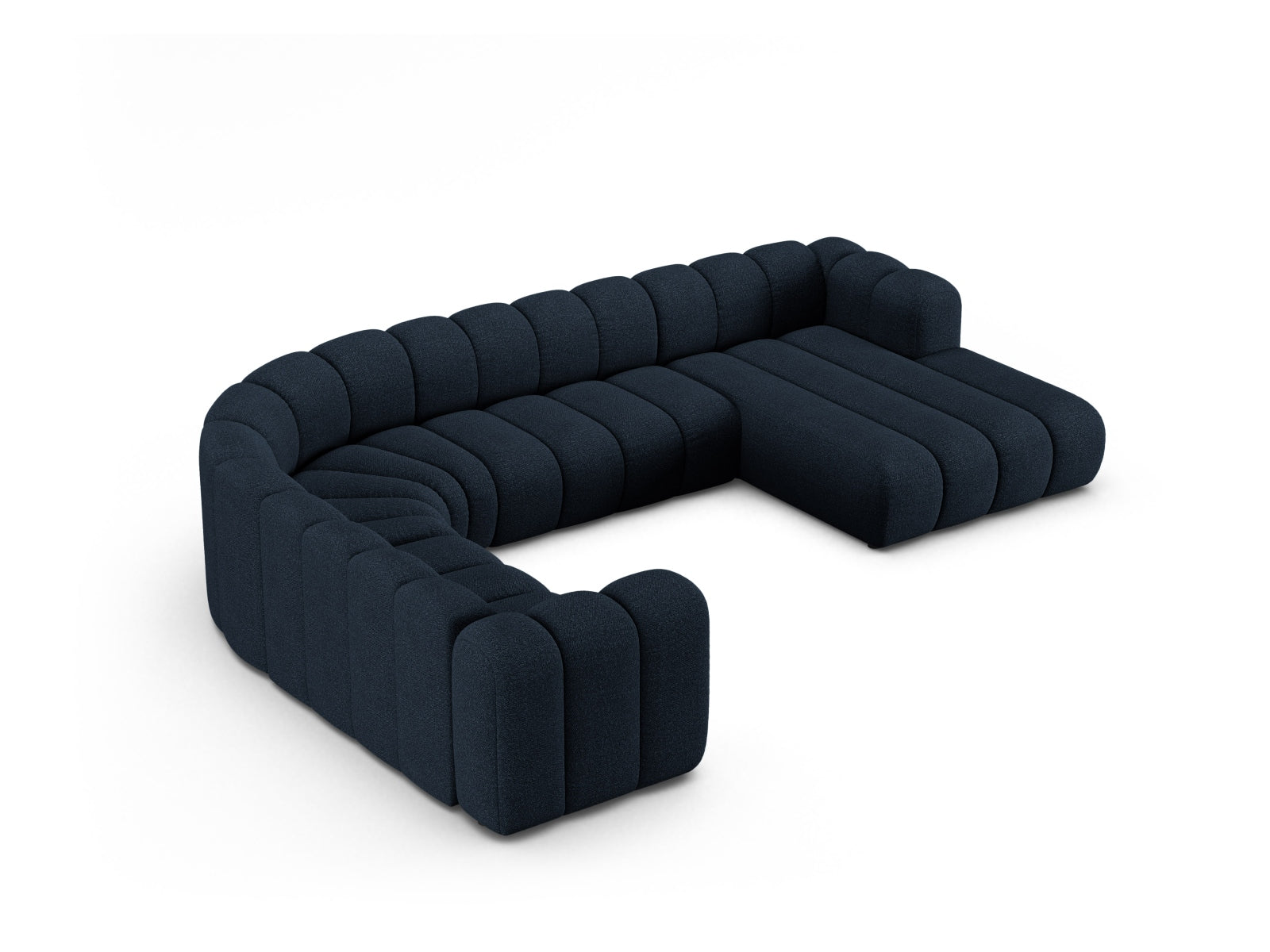 Modulares Lupine Boucle Ecksofa links für 6 Personen in edlem Dunkelblau, perfekt für moderne Wohnkonzepte und gemütliche Abende.