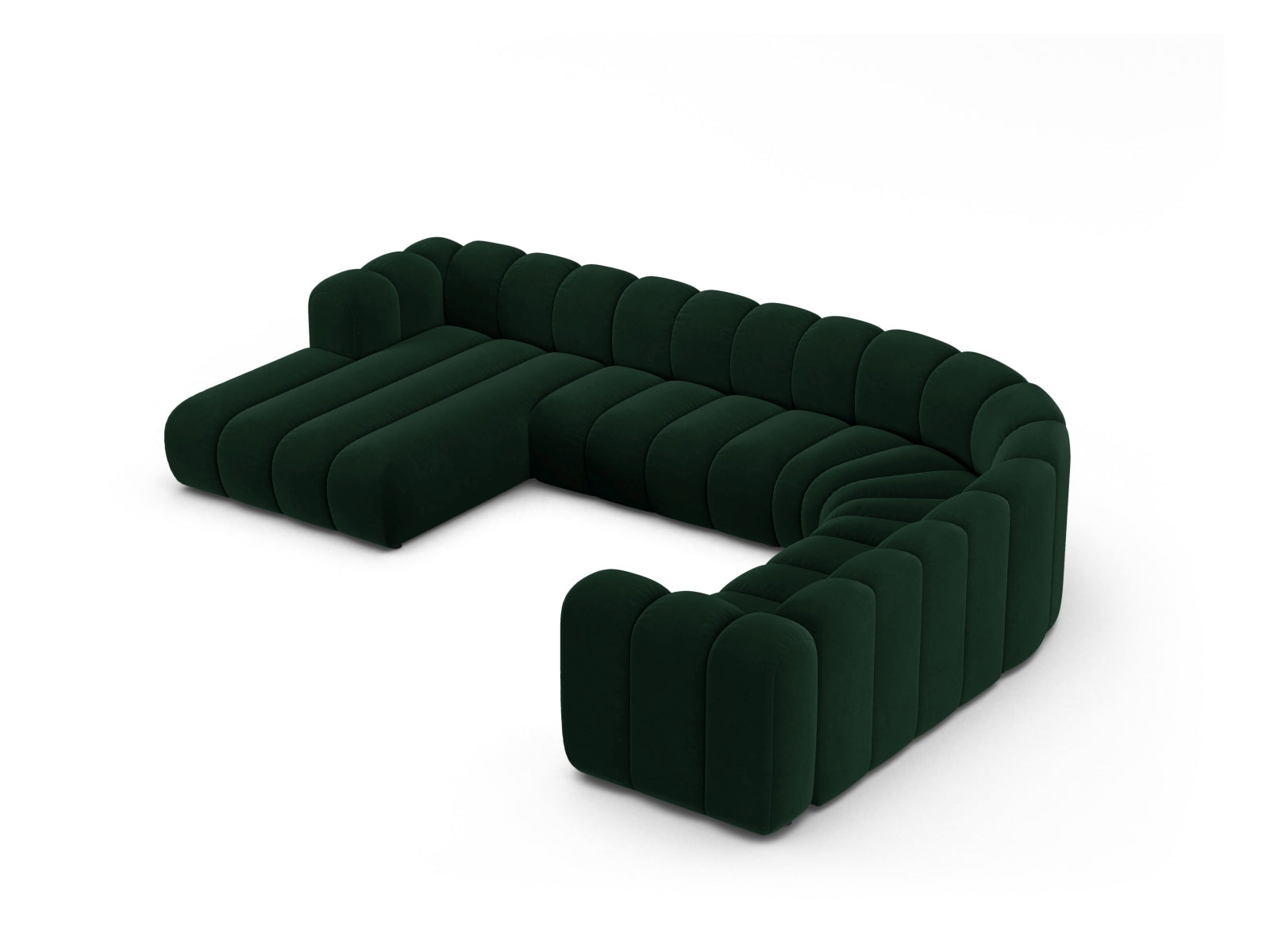 Modulares 6-Sitzer Ecksofa in edlem Flaschengrün, perfekt für gemütliche Wohnlandschaften. Hochwertiger Velourstoff von Micadoni.