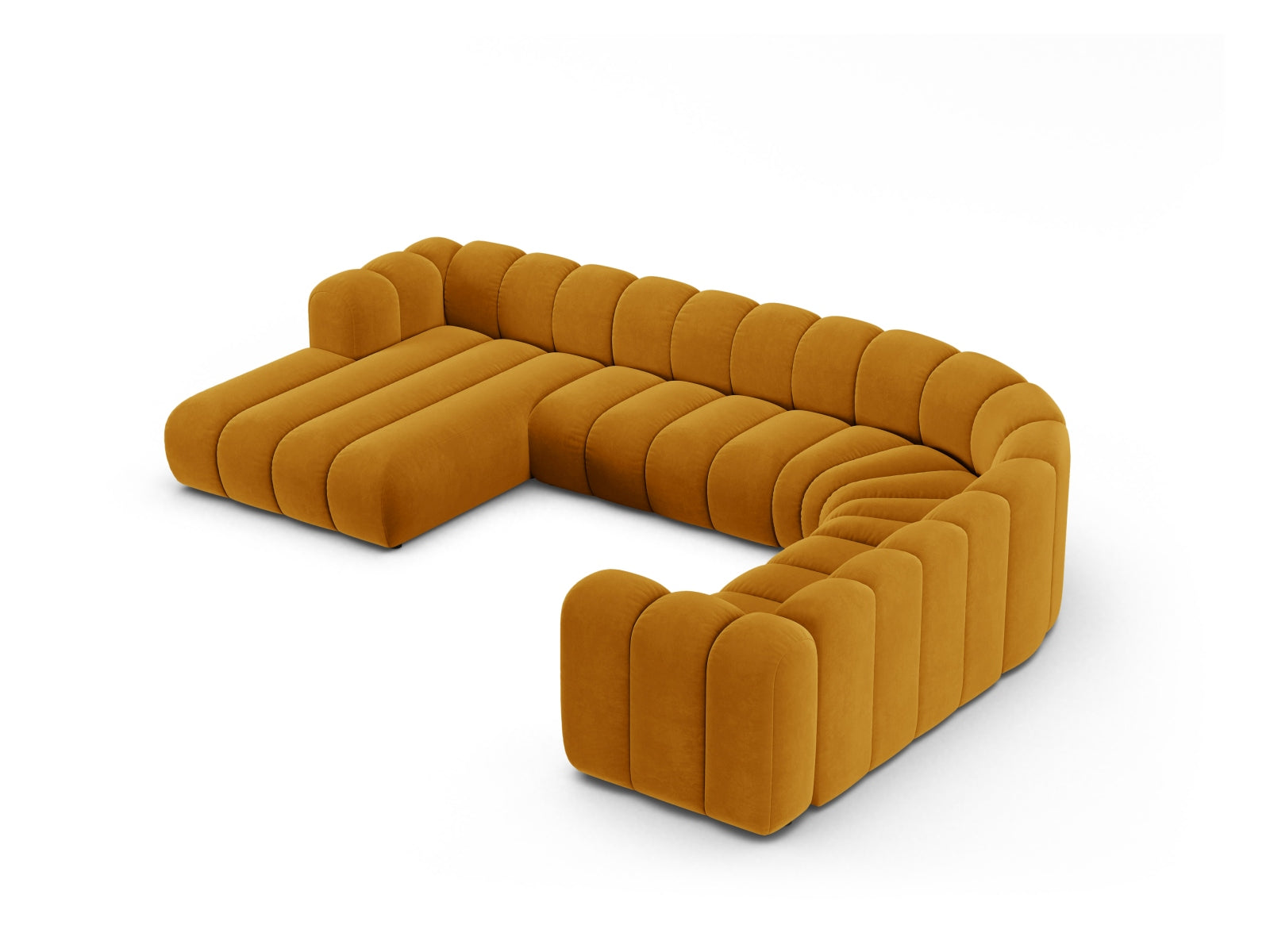 Modulares 6-Sitzer Ecksofa in Gelb aus Velours von Micadoni, bietet modernen Komfort und stilvolle Akzente für Ihr Zuhause.