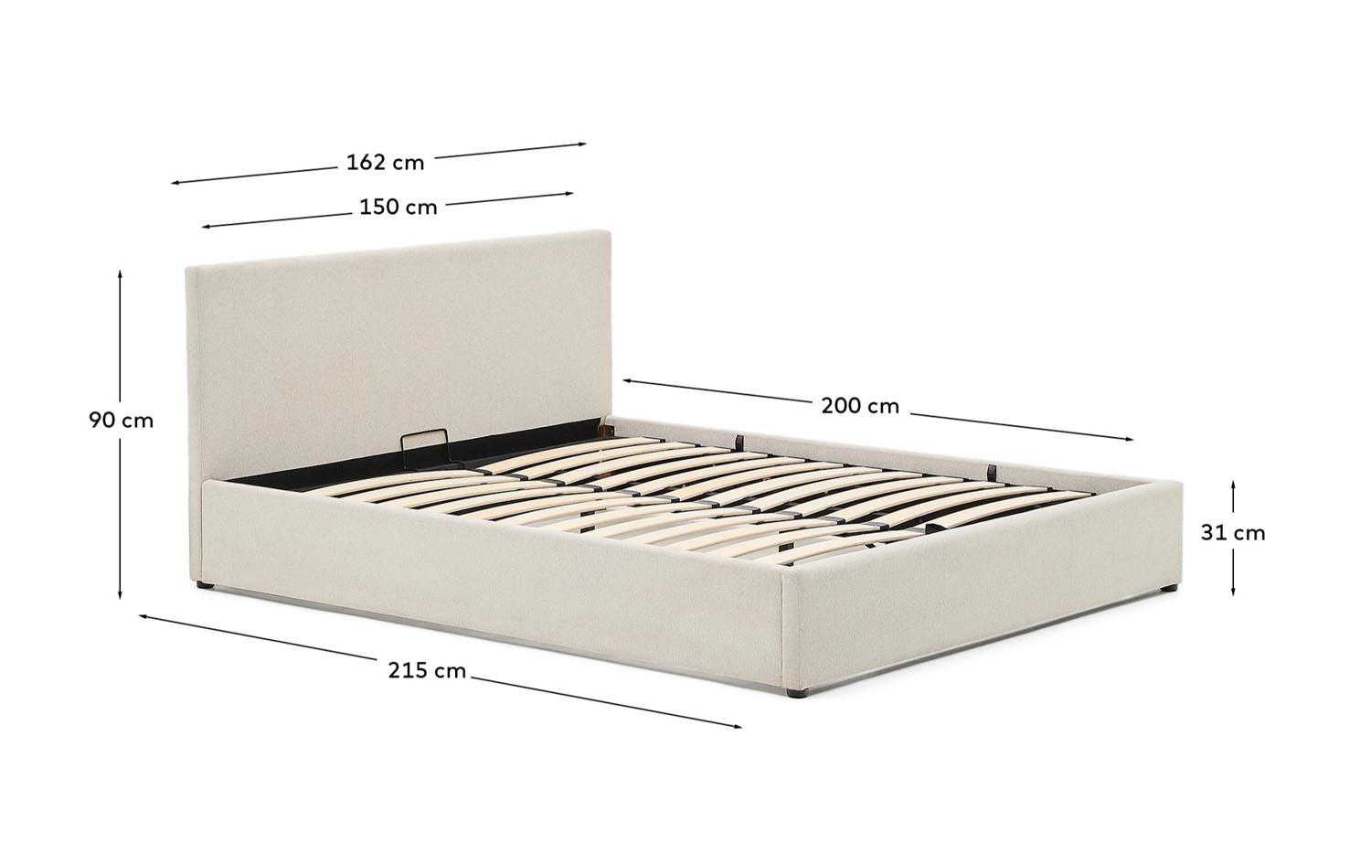 Entdecken Sie das stilvolle Bett Nahiri in beiger Chenille mit praktischem Bettkasten – ideal für mehr Stauraum und erholsamen Schlaf!