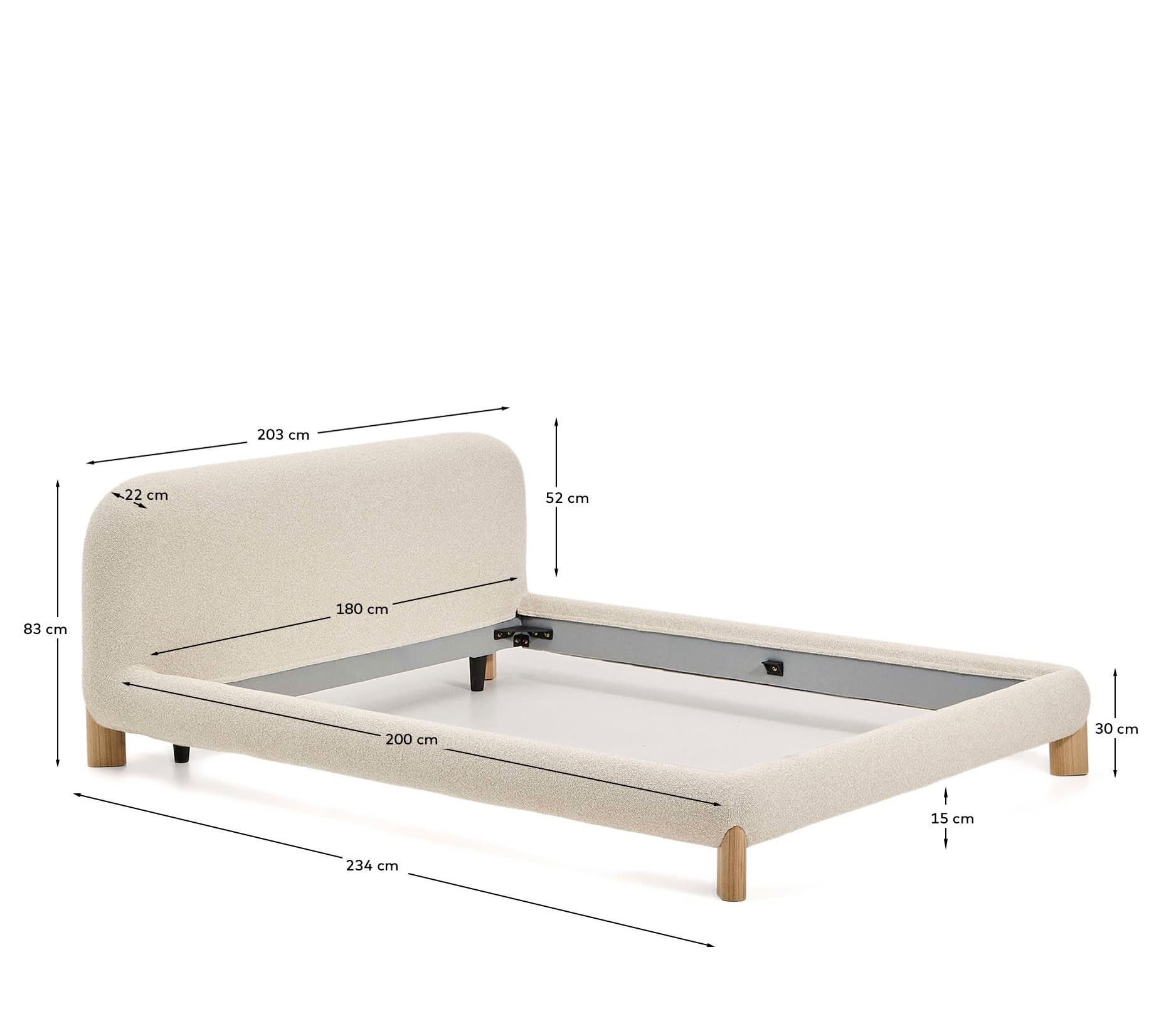 Elegantes Bett Odina in edlem Ecru-Bouclé, mit abnehmbarem Bezug und robusten Eschenbeinen für modernen Schlafkomfort.