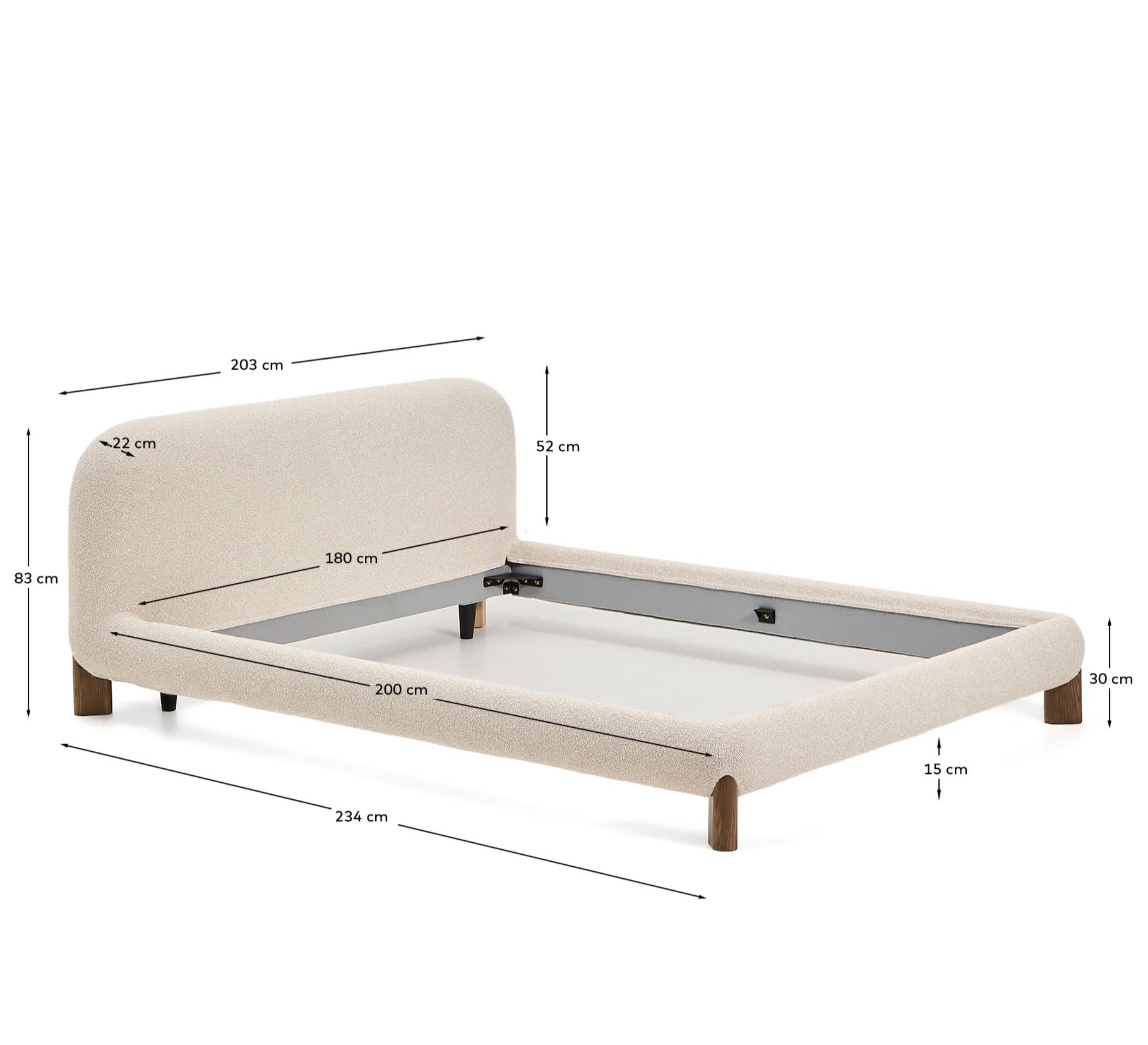 Elegantes Bett Odina in Ecru-Bouclé mit abnehmbarem Bezug und robusten Eschenbeinen, ideal für modernes Wohndesign.