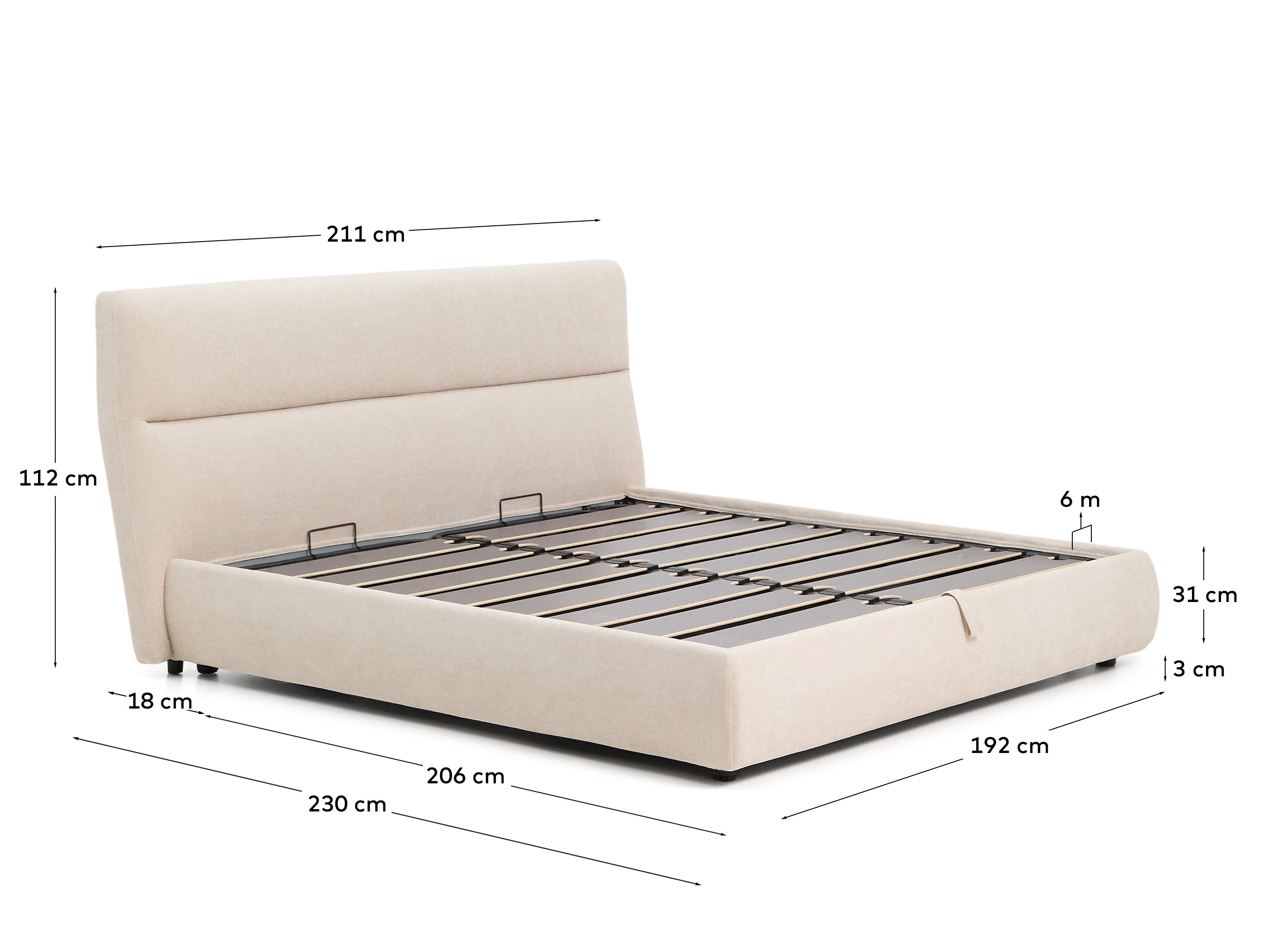 Beiges Chenille-Bett Dafra mit praktischem Klappbettkasten, ideal für Matratzen 180 x 200 cm, stilvoll und funktional für Ihr Schlafzimmer.