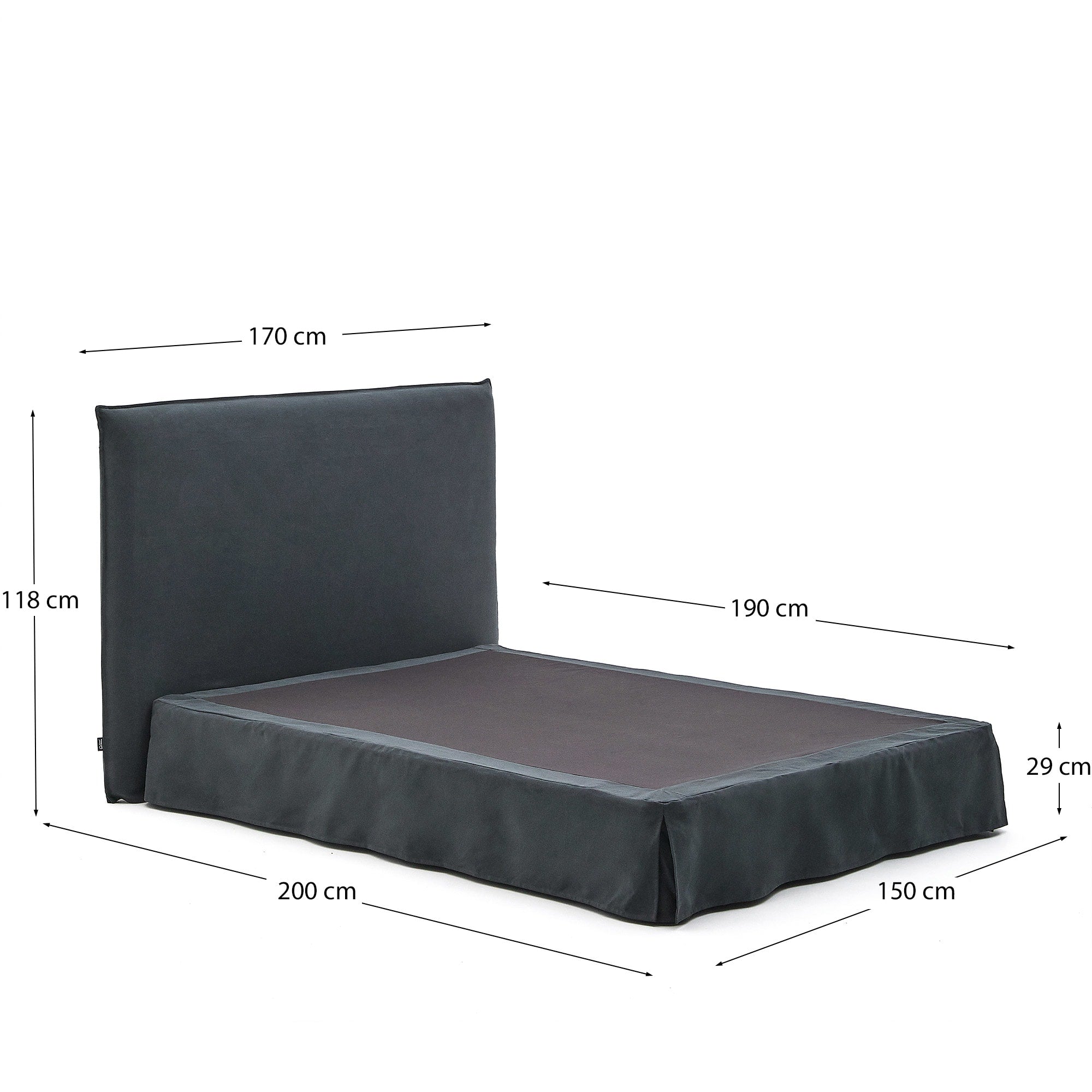 Stylisches Bett Jaira in dunklem Anthrazit, aus Leinen und Baumwolle, mit abnehmbarem Bezug für unkomplizierte Reinigung und modernen Komfort.