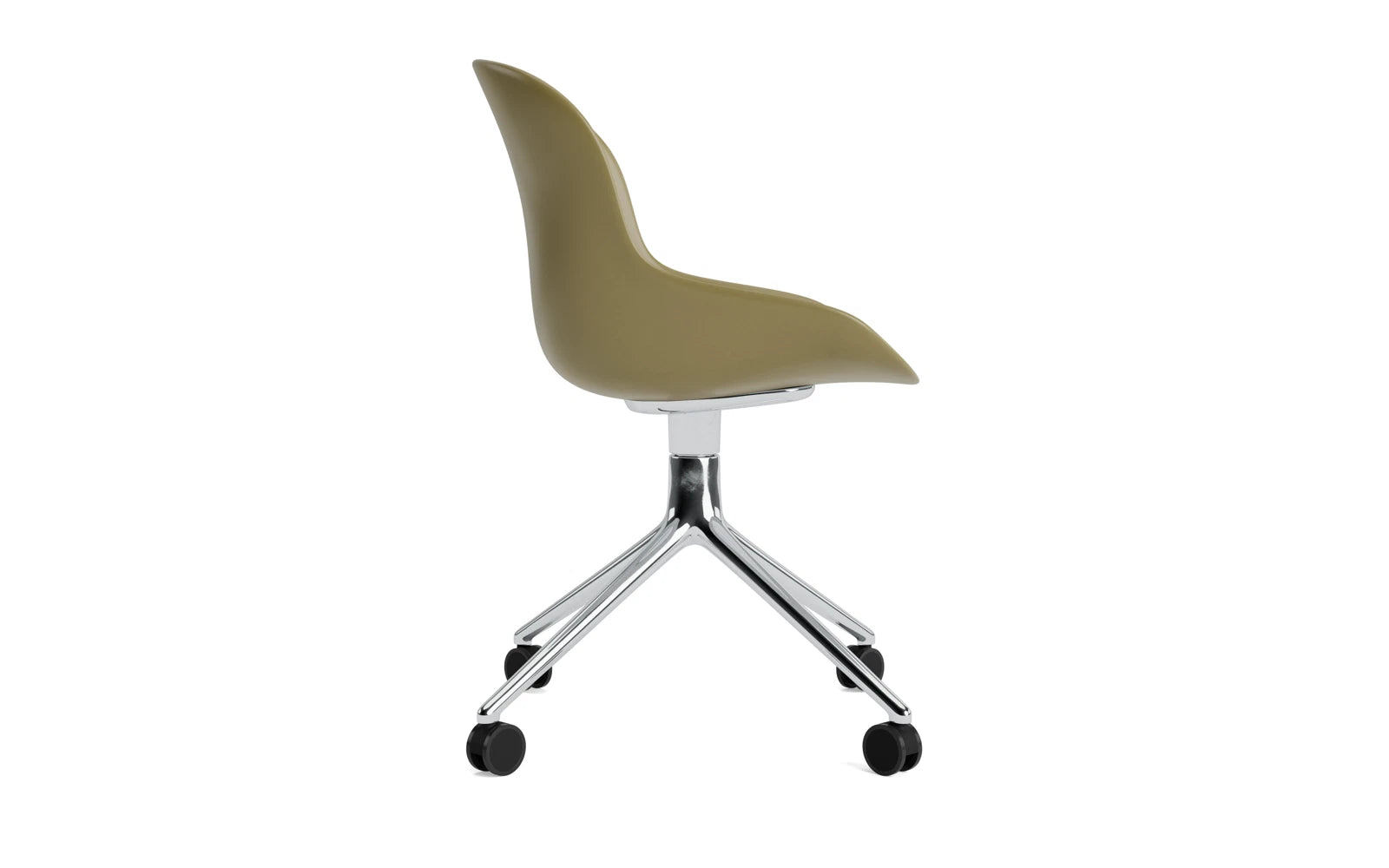 Moderner Hyg Drehstuhl 4W von Normann Copenhagen in elegantem Olivengrün und Aluminium, perfekt für stilvolle Arbeitsumgebungen.