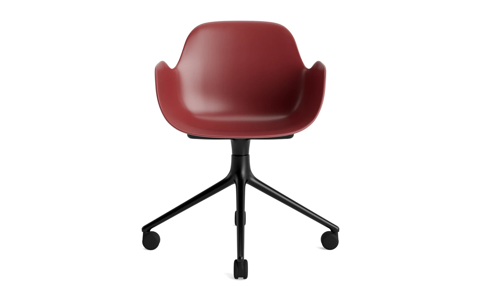 Moderner Form Drehstuhl 4W von Normann Copenhagen in schwarzem Aluminium mit rotem Bezug, ideal für stilvolle Büros und kreative Arbeitsumgebungen.