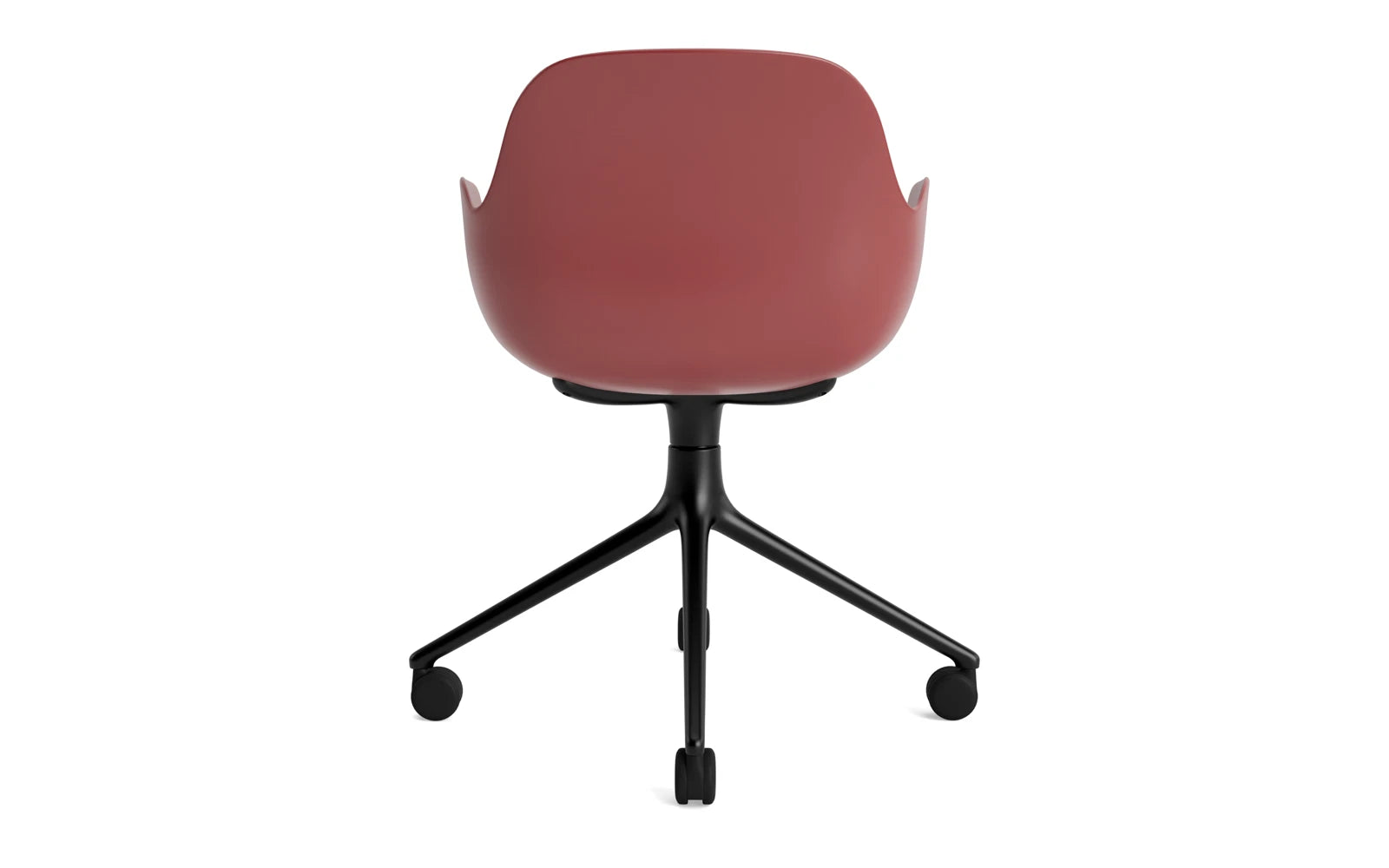 Eleganter Form Drehstuhl 4W aus schwarzem Aluminium mit rotem Stoffbezug, perfekt für moderne Büros und inspirierende Arbeitsplätze.