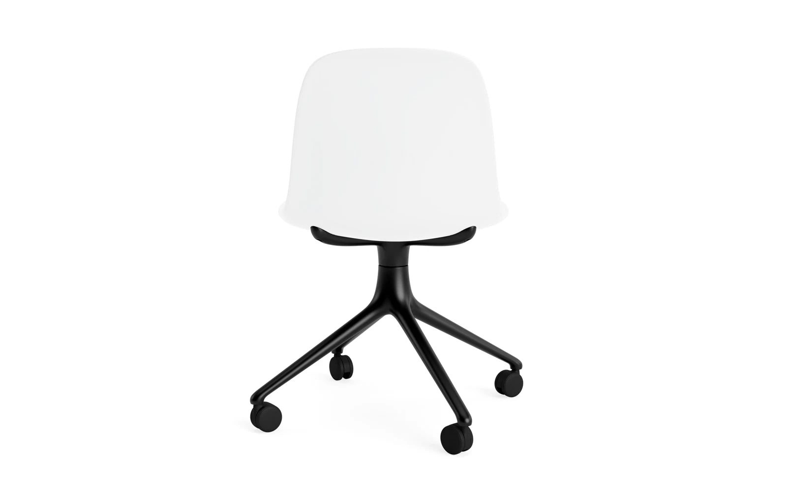 Eleganter Form Drehstuhl 4W von Normann Copenhagen in schwarzem Aluminium und weißem Sitz, ideal für stilvolle Büros und Wohnräume.