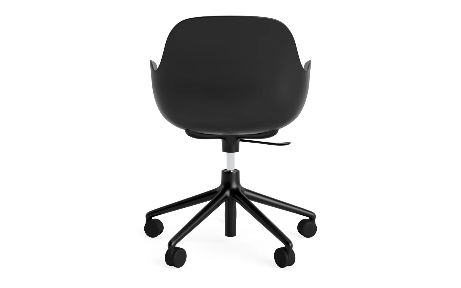 Moderner Bürostuhl mit ergonomischen Armlehnen und Rollen, ideal für stilvolle Arbeitsplätze und flexibles Sitzen.