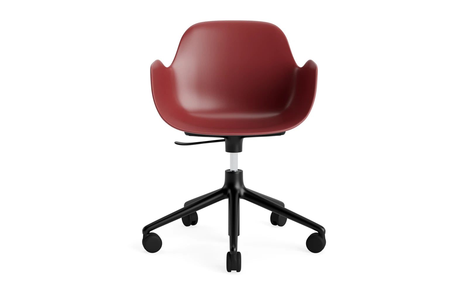 Eleganter Drehstuhl mit ergonomischer Form, Armlehnen und Rollen, ideal für stilvolle Büros und flexibles Arbeiten.