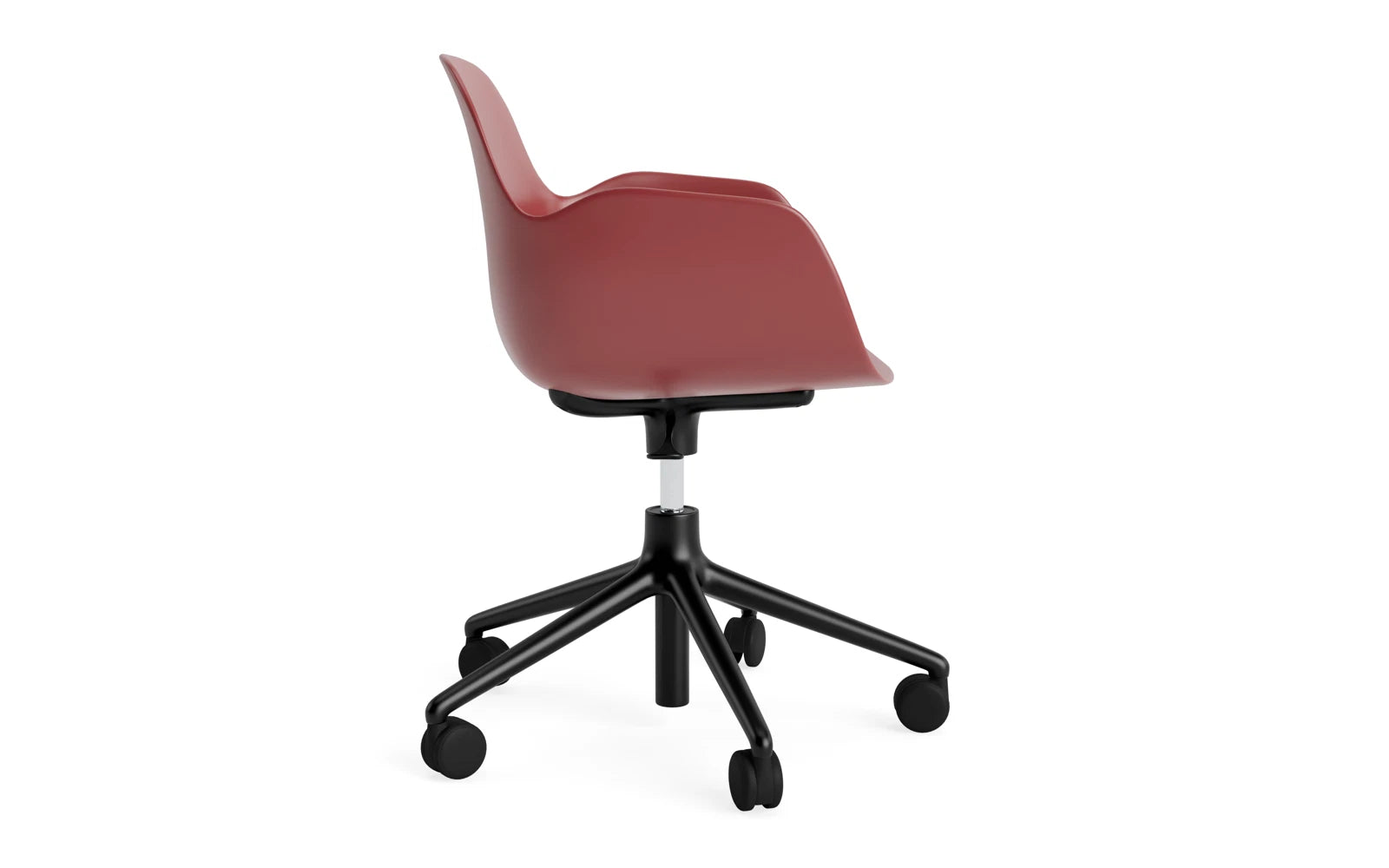 Moderner Bürostuhl mit geschwungener Schale, komfortablen Armlehnen und praktischen Rollen, perfekt für dynamische Arbeitsumgebungen.