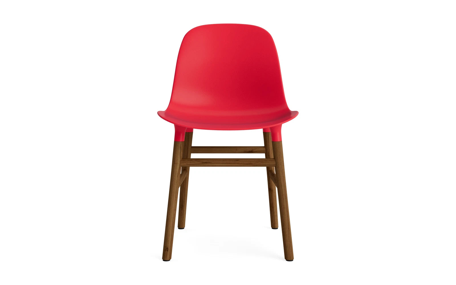 Der Form Stuhl in strahlendem Rot und elegantem Walnuss verleiht jedem Raum einen Hauch von Stil und Komfort.