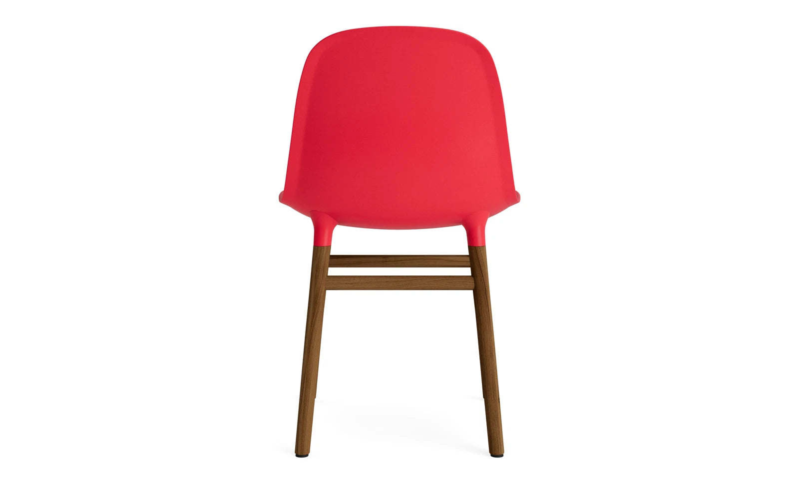 Der Form Stuhl in leuchtendem Rot mit Walnuss-Finish kombiniert modernes Design mit gemütlichem Sitzkomfort und setzt stilvolle Akzente.