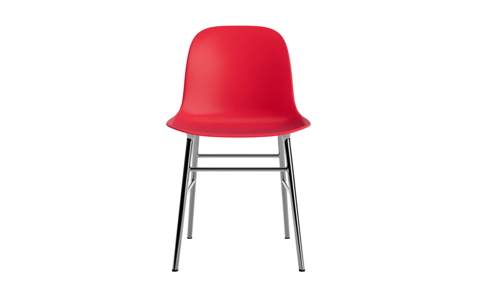 Entdecken Sie den Form Stuhl in leuchtendem Rot mit glänzenden Chromdetails – ein modernes Designhighlight für Ihr Zuhause.