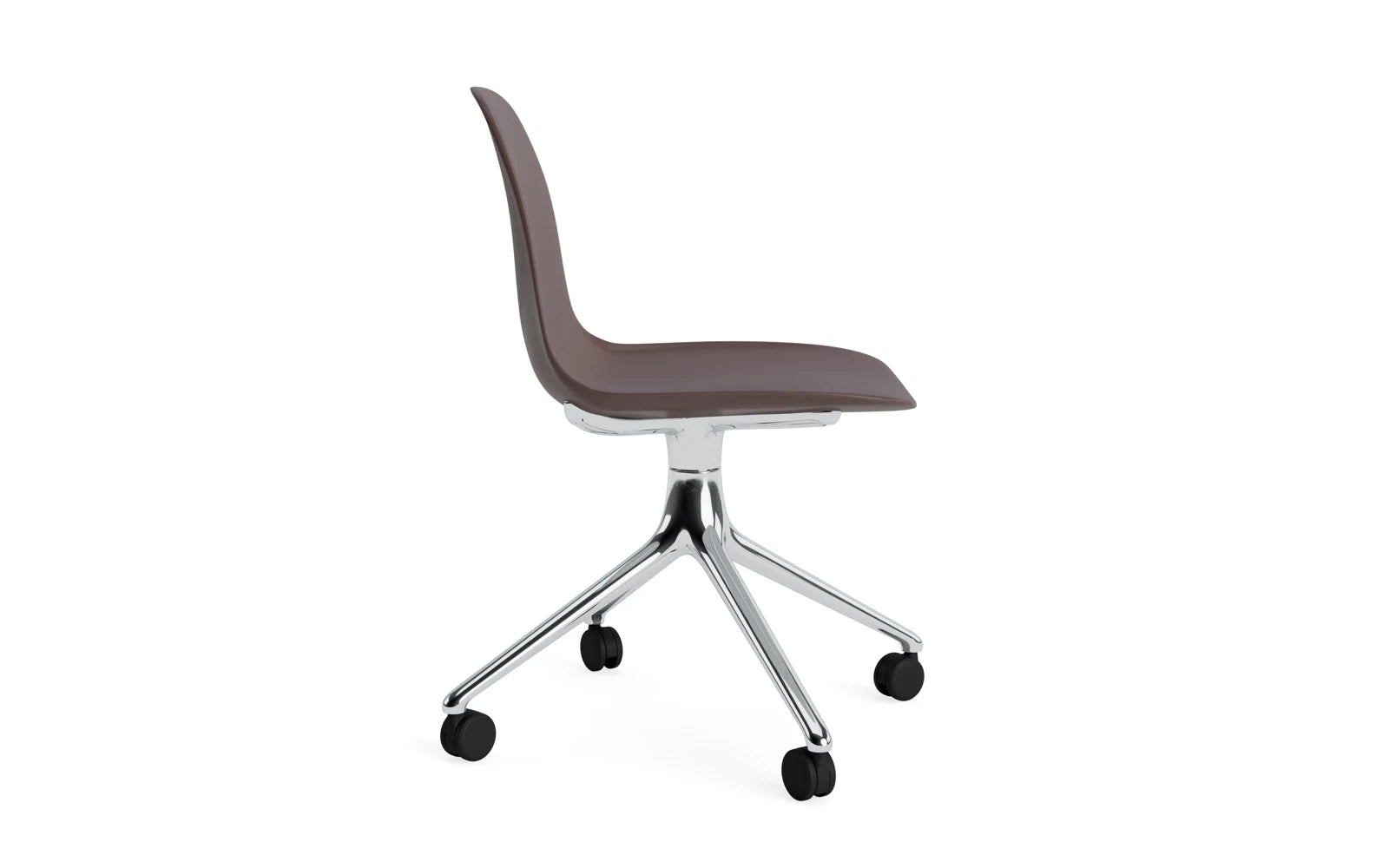 Stylischer Form Drehstuhl 4W von Normann Copenhagen mit robustem Aluminiumgestell und komfortabler brauner Sitzfläche, ideal für modernes Wohnen.