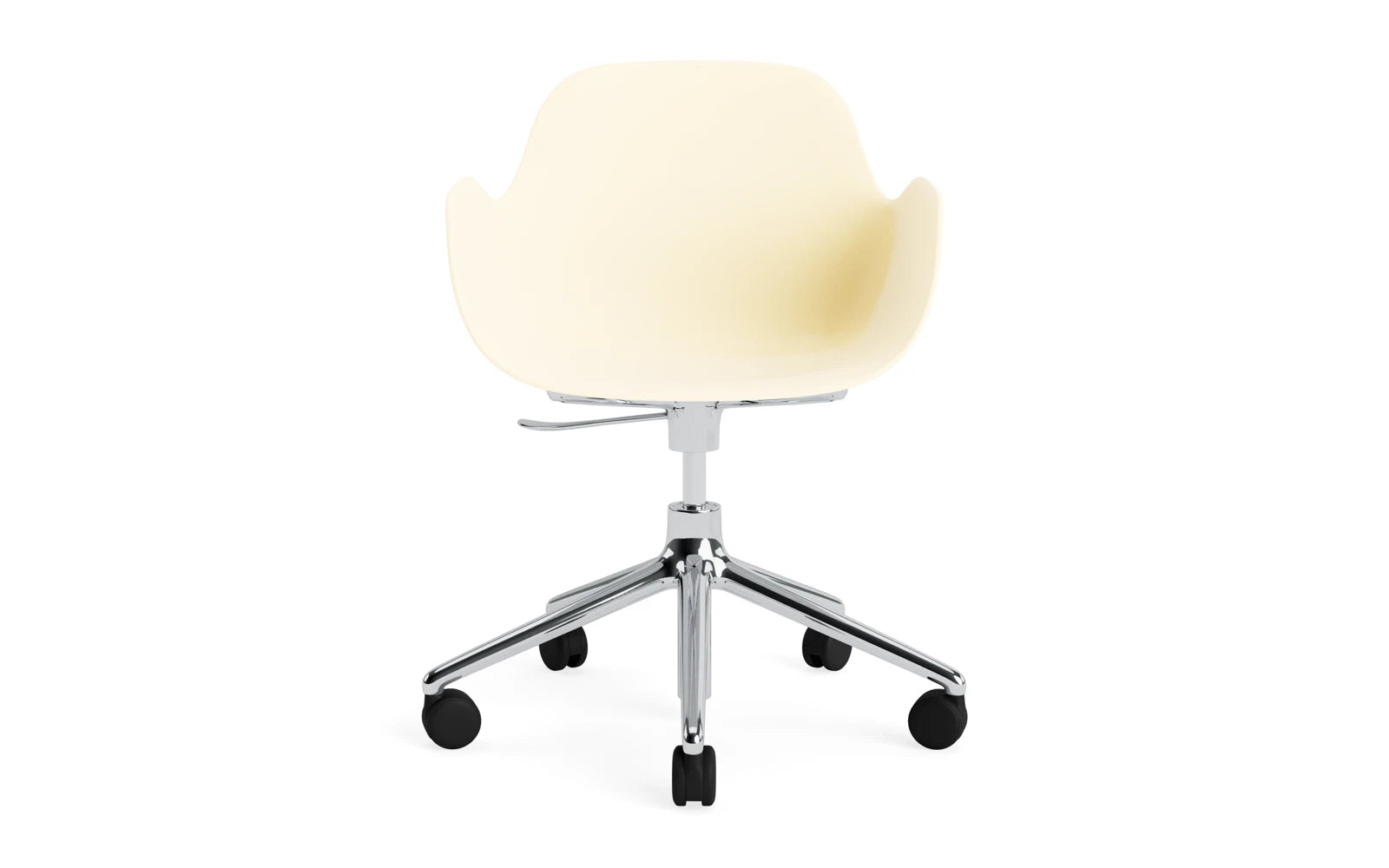 Moderner Form Drehstuhl mit Rollen in Creme und Aluminium, ideal für stilvolle Büros und Home-Offices, vereint Komfort und Design.