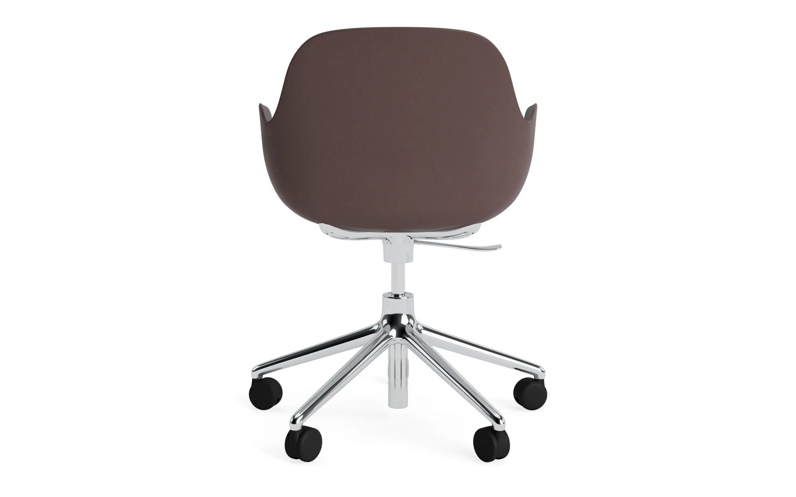 Moderner Form Drehstuhl mit Rollen in stilvollem Braun und Aluminium, perfekt für ergonomisches Sitzen im Büro oder Home Office.