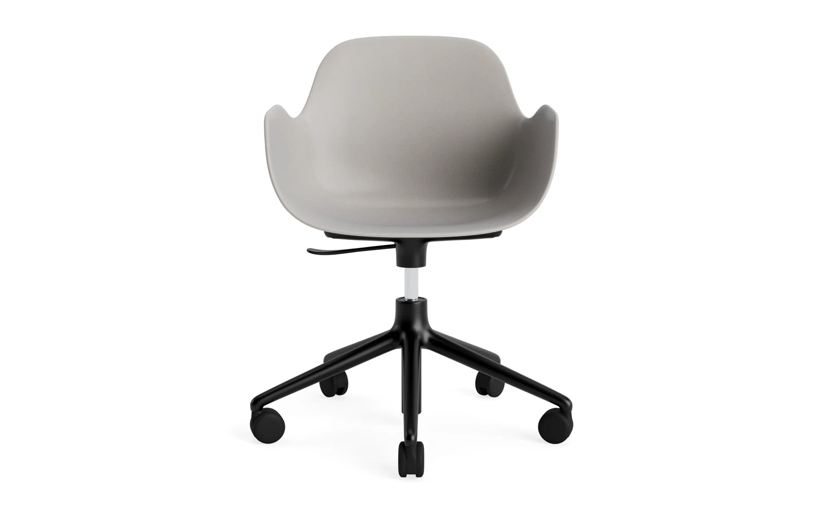 Moderner Form Drehstuhl mit Rollen in elegantem warmen Grau und robustem schwarzem Aluminium – ideal für stilvolle Büros.
