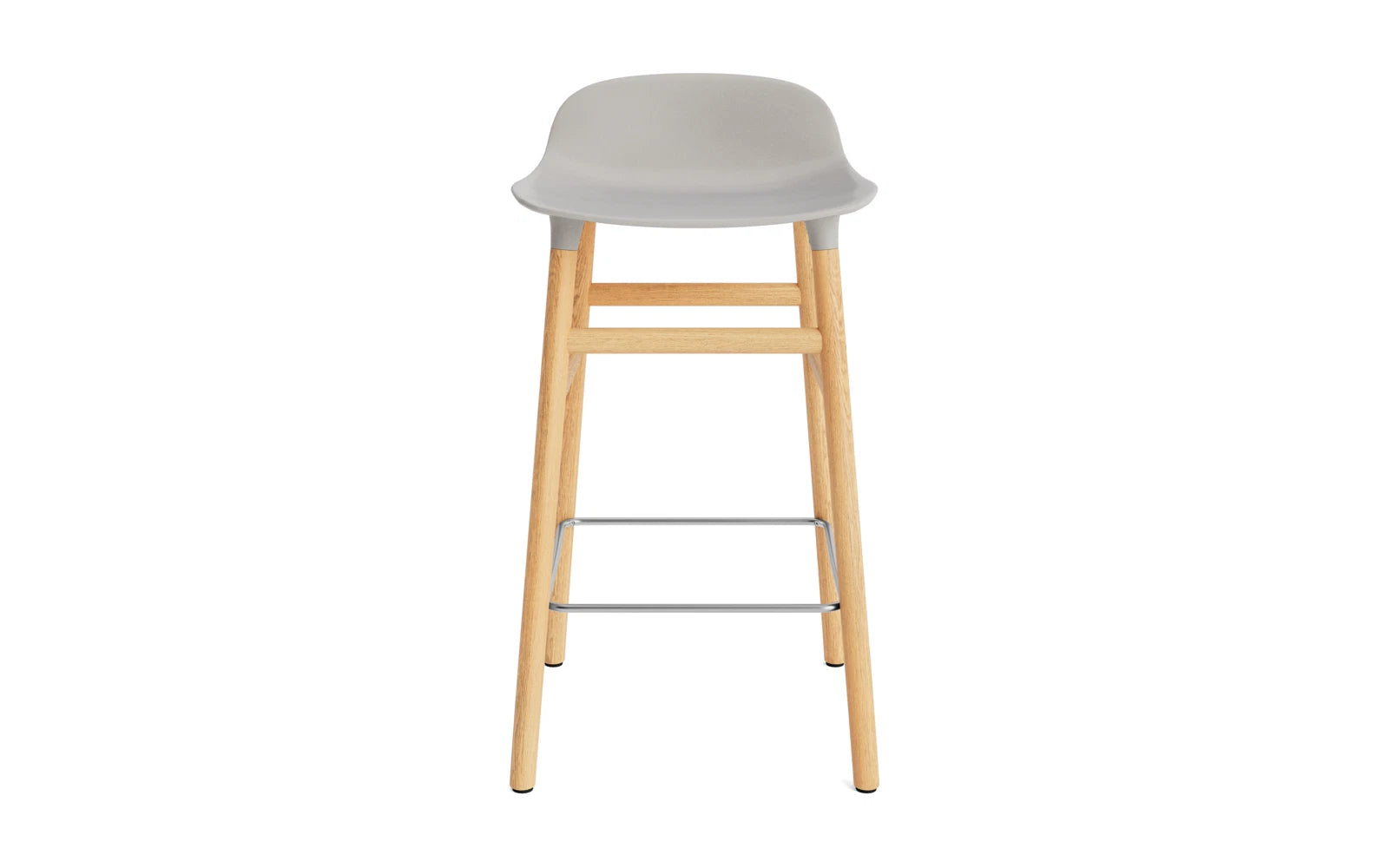 Stylischer Form Barstuhl in warmem Grau mit Eichelementen, ideal für moderne Wohnräume und Bars, Höhe 65 cm.