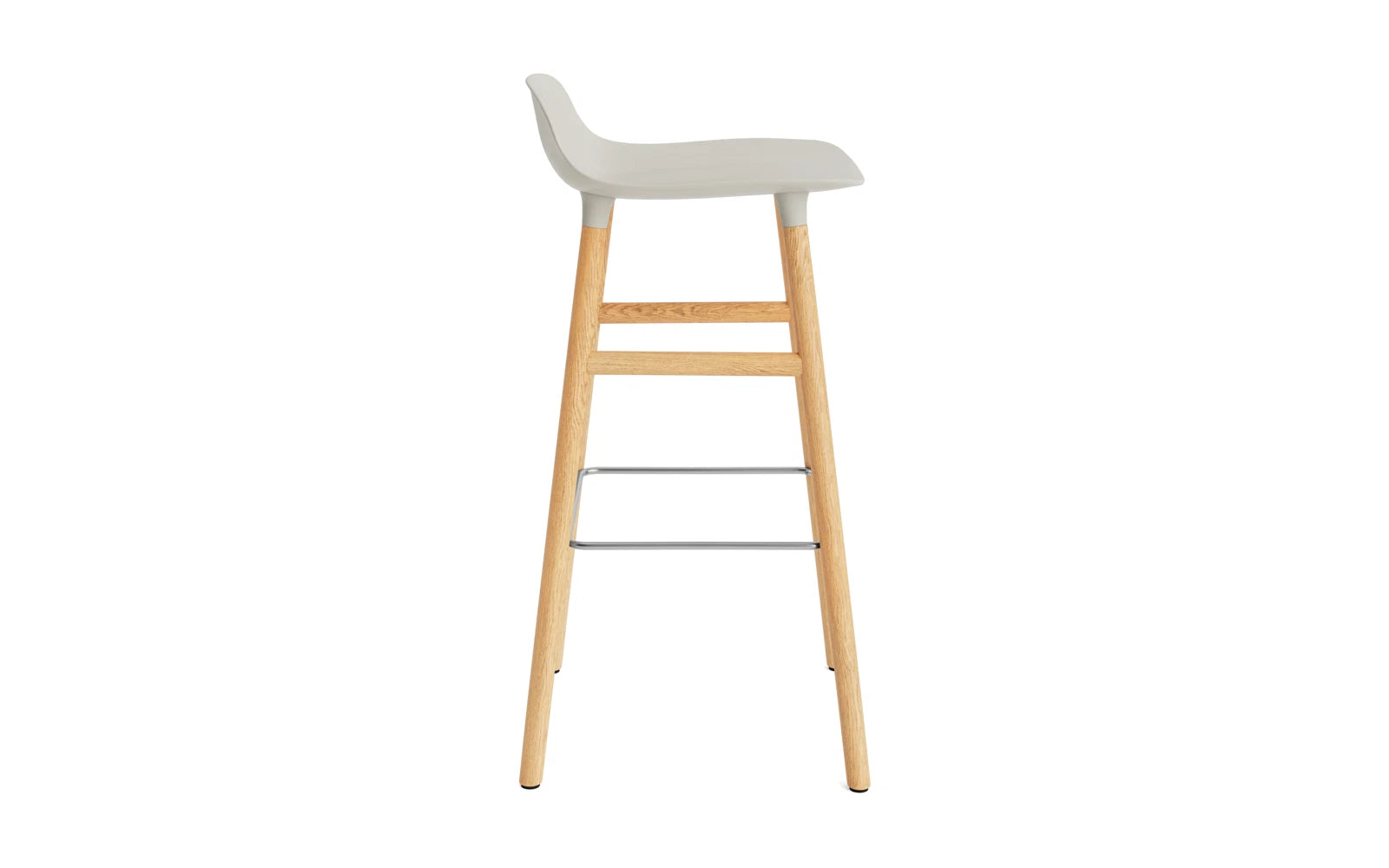 Stylischer Barstuhl in sanftem Hellgrau mit Eiche-Details, perfekt für zeitgemäße Wohnräume und Bars, Höhe 75 cm.