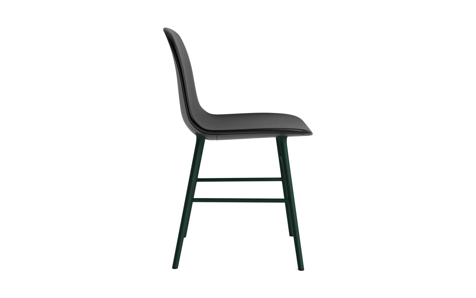 Eleganter Form Stuhl in gepolstertem Grün mit robustem Stahlgestell, ideal für stilvolle Wohnräume und gemütliche Sitzgelegenheiten.