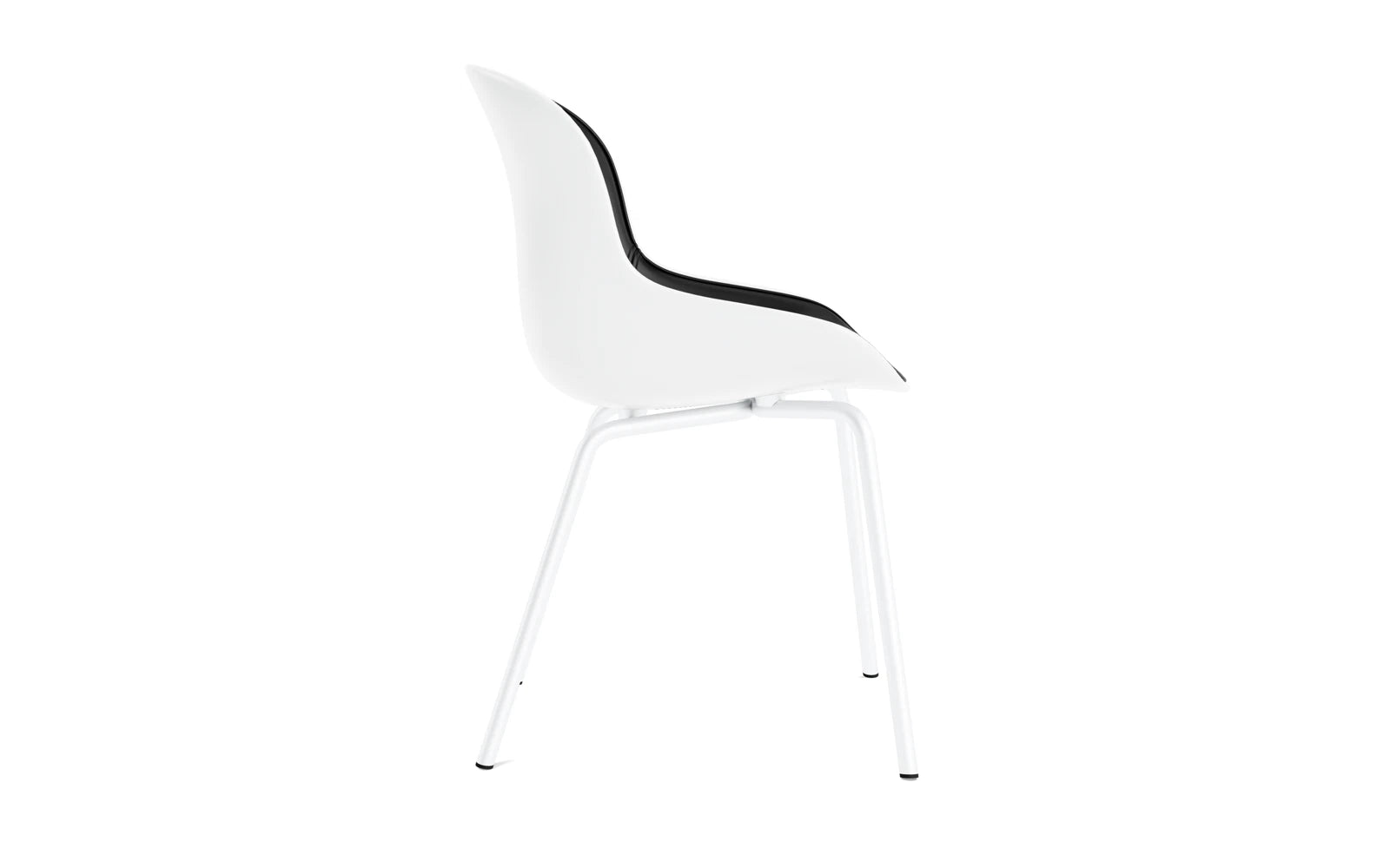 Moderner Schalenstuhl Hyg von Normann Copenhagen mit weißem Ultra Leder-Frontpolster, perfekt für zeitgemäße Wohnkonzepte.
