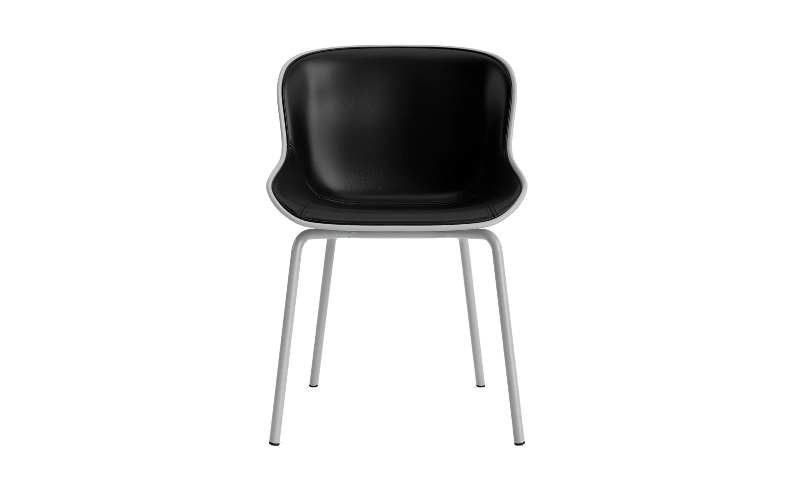 Eleganter Hyg Stuhl von Normann Copenhagen mit grauem Frontpolster und robustem Stahlgestell, ideal für modernes Wohndesign.