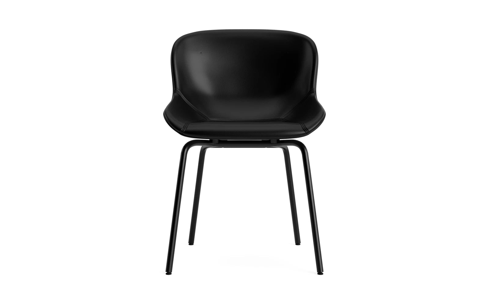 Moderner Schalenstuhl Hyg von Normann Copenhagen, gepolstert in edlem Schwarz, bietet hohen Sitzkomfort und eine robuste Stahlkonstruktion.