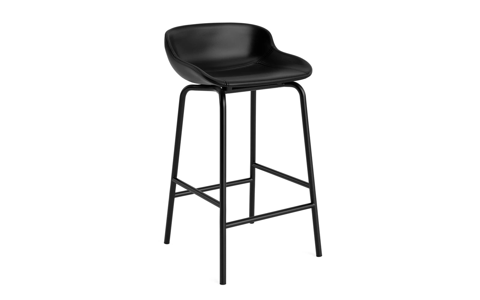 Eleganter Hyg Barhocker 65 cm in Schwarz mit vollpolsterter Sitzfläche aus Ultra Leder und robustem Stahlgestell von Normann Copenhagen.