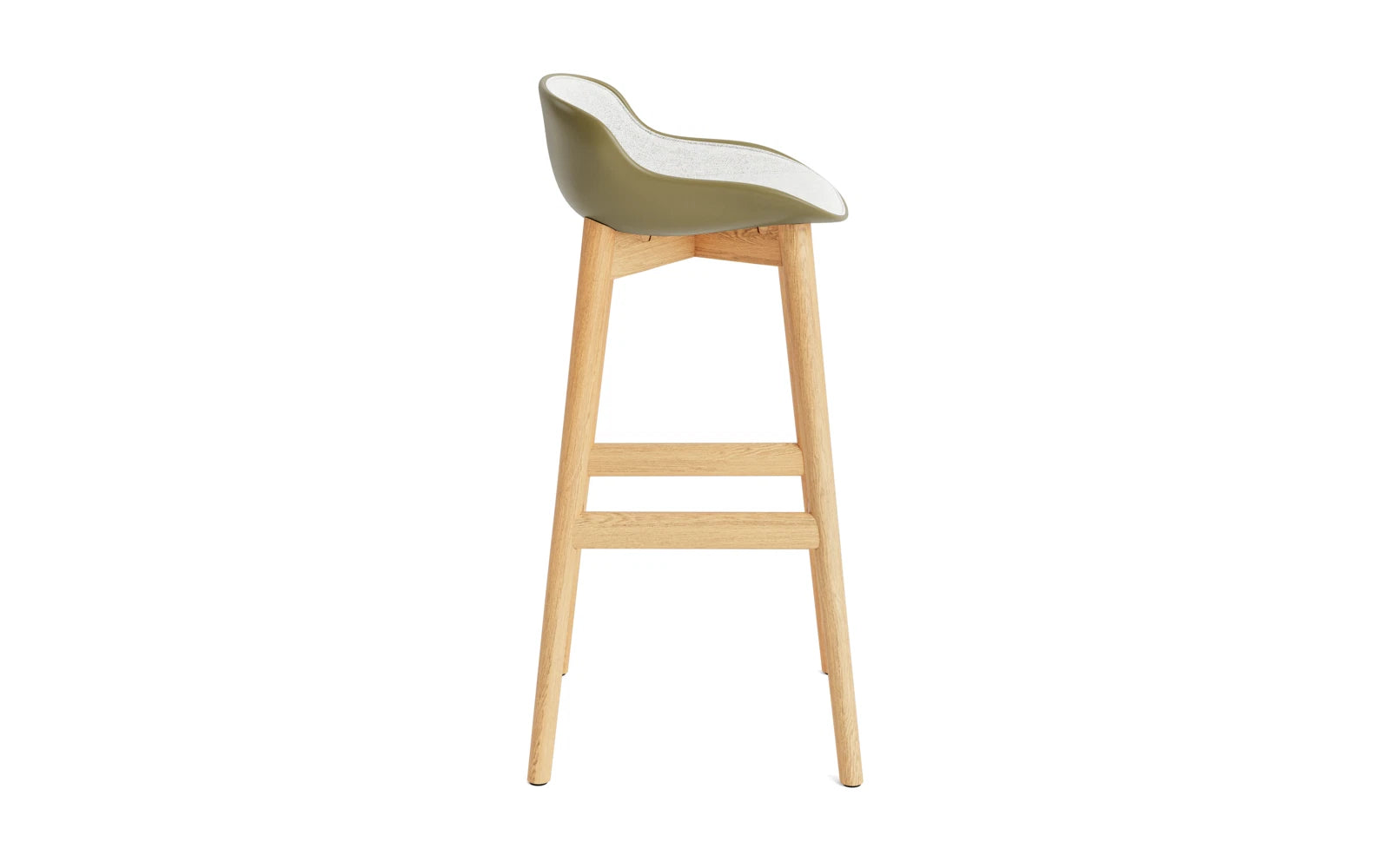 Stylischer Hyg Barhocker mit 75 cm Höhe, Eichenholz und olivgrünem Hallingdal-Polster, perfekt für zeitgemäße Einrichtungskonzepte.