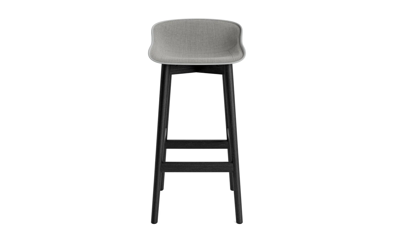 Erleben Sie den Hyg Barhocker 75 cm von Normann Copenhagen – ein eleganter Barhocker aus schwarzer Eiche mit bequemer grauer Polsterung, inspiriert von dänischer Hygge.